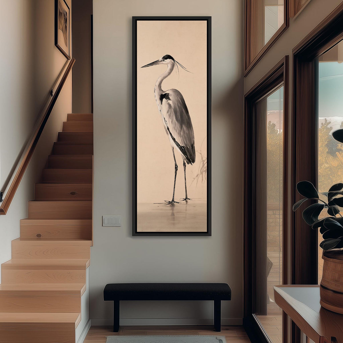 Grey heron standing in shallow water tall narrow canvas print beside a staircase in an entryway