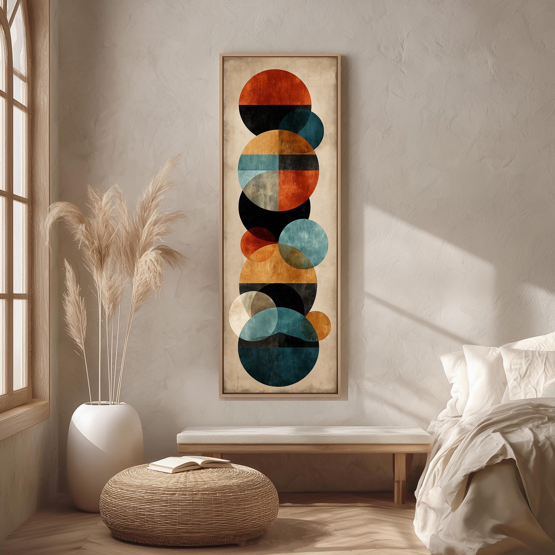 a modern art piece with a geometric design of circles and other shapes, hanging on a wall in a minimalist bedroom setting.