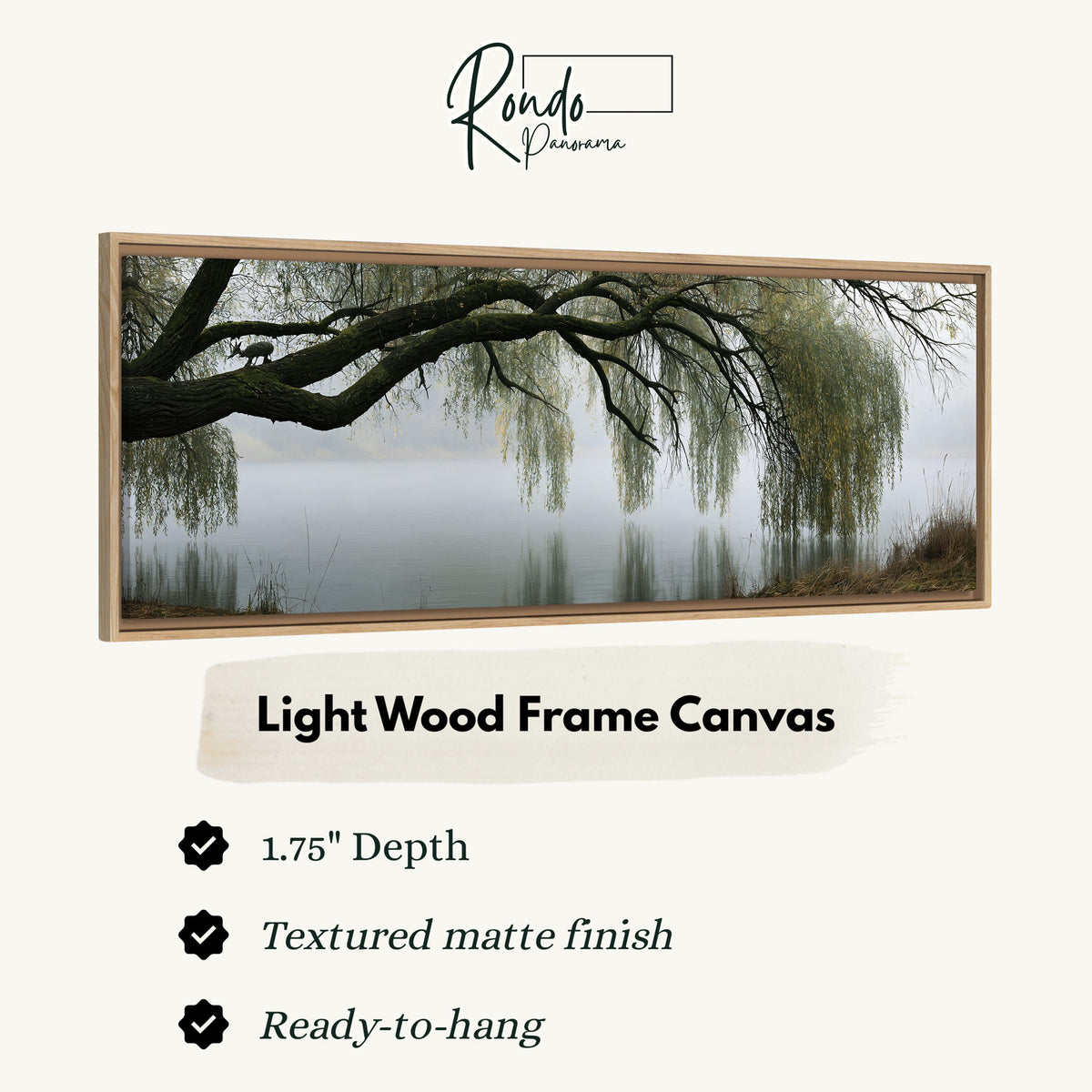 Weeping willow over a misty lake canvas print in a light wood floating frame