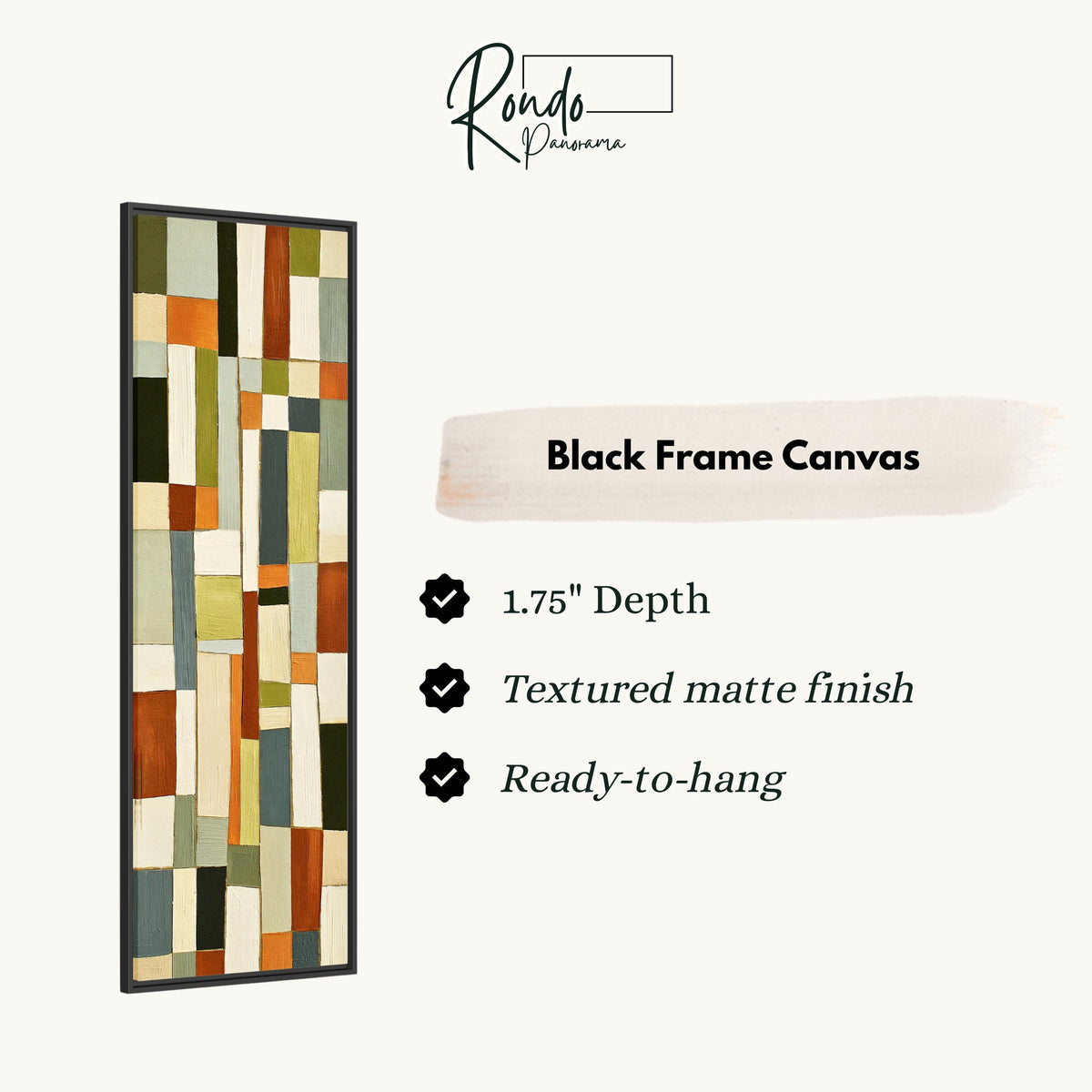 Muted sage, terracotta and cream block grid canvas print in a black floating frame