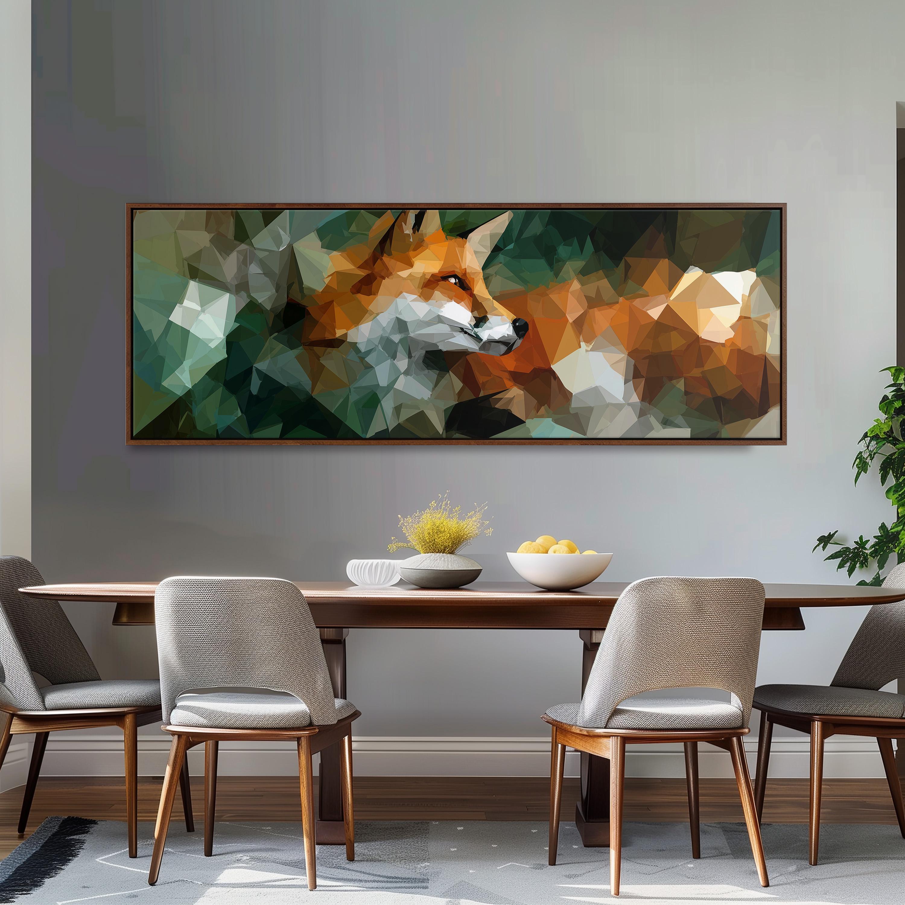 a modern dining room with a large, abstract painting of a fox on the wall above a wooden dining table. The table is set with a bowl of fruit and a vase of flowers, creating a cozy and inviting atmosphere.