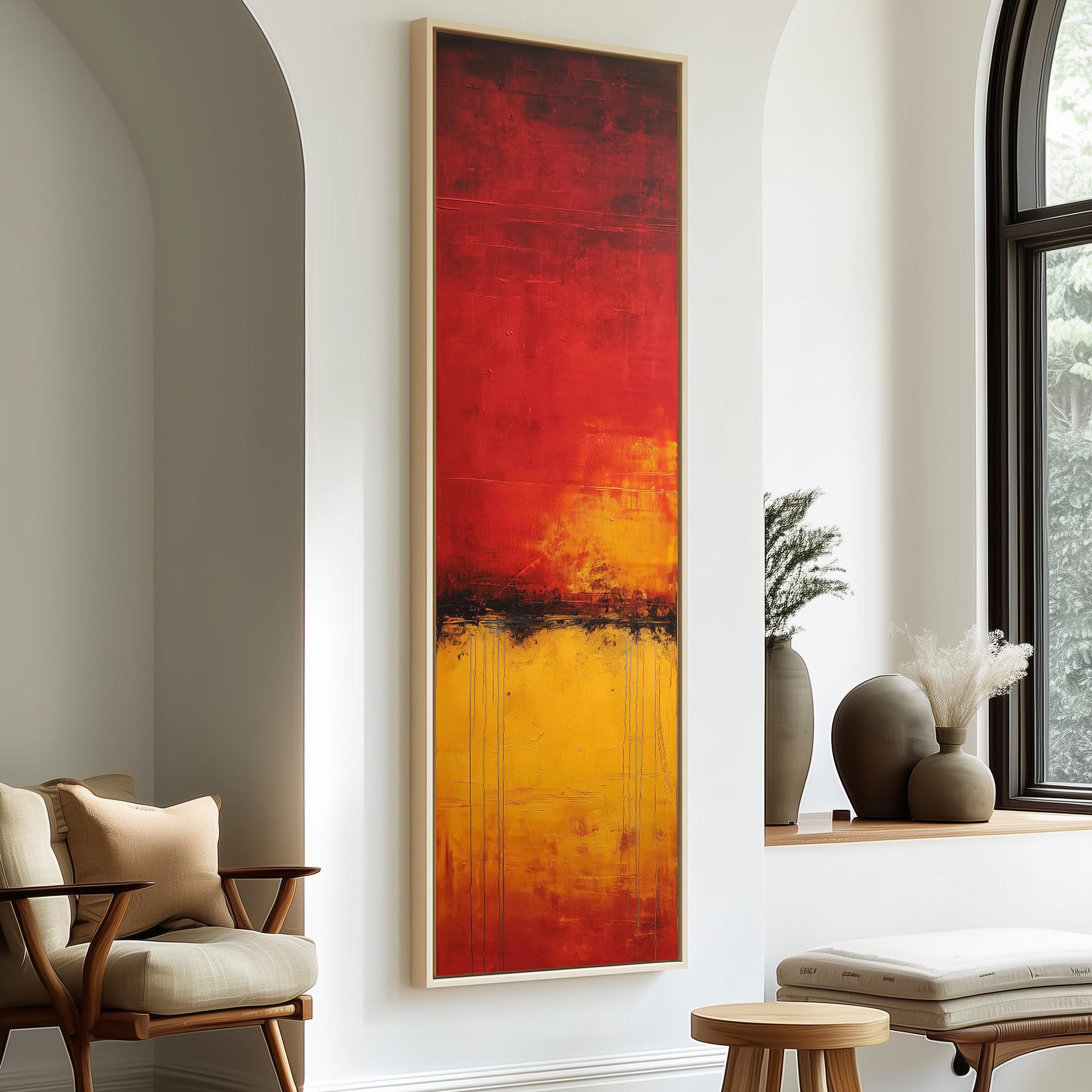 a modern living room with a large abstract painting hanging on the wall, a wooden chair, a small table, and a window with a plant on the sill.