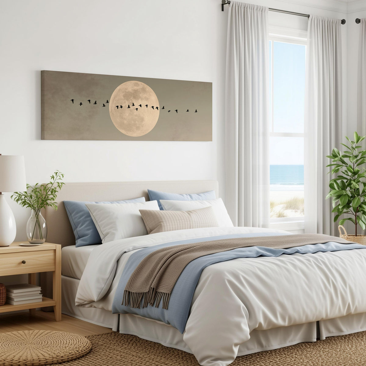 Geese crossing a full moon on grey panoramic canvas print above a bed in a coastal bedroom