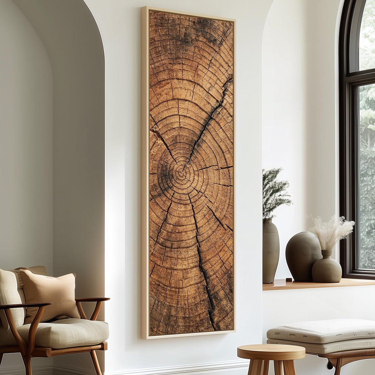 Natural tree ring texture long vertical canvas print in a sunlit living space