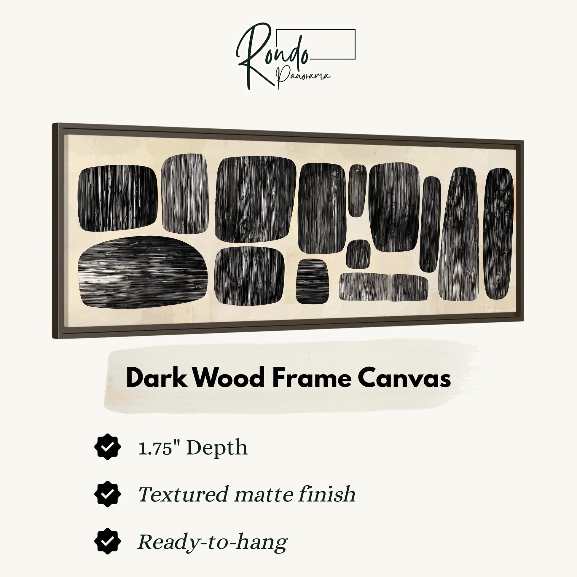 The image is a product description for a dark wood frame canvas. It features a 1.75" depth, a textured matte finish, and is ready-to-hang.