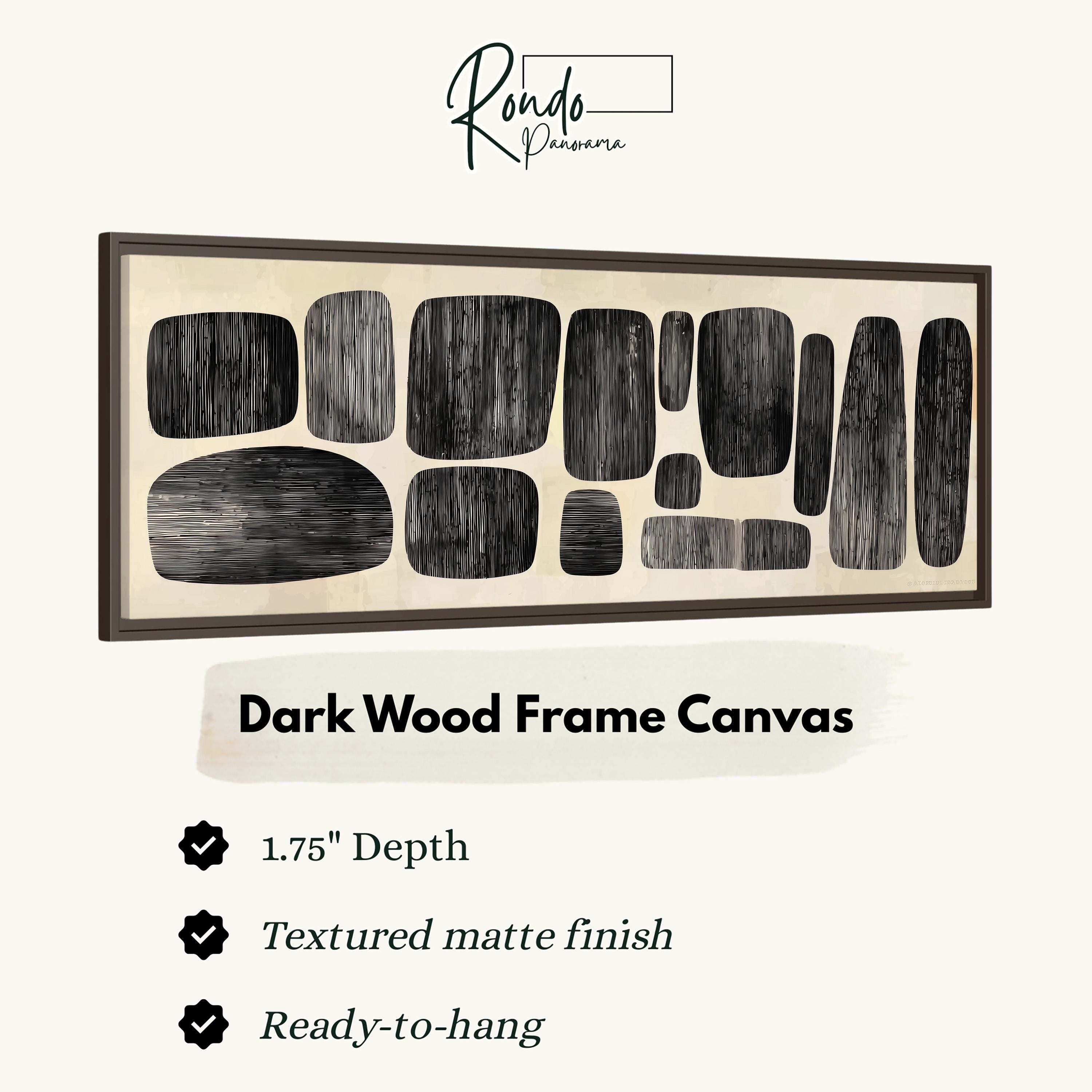 The image is a product description for a dark wood frame canvas. It features a 1.75" depth, a textured matte finish, and is ready-to-hang.