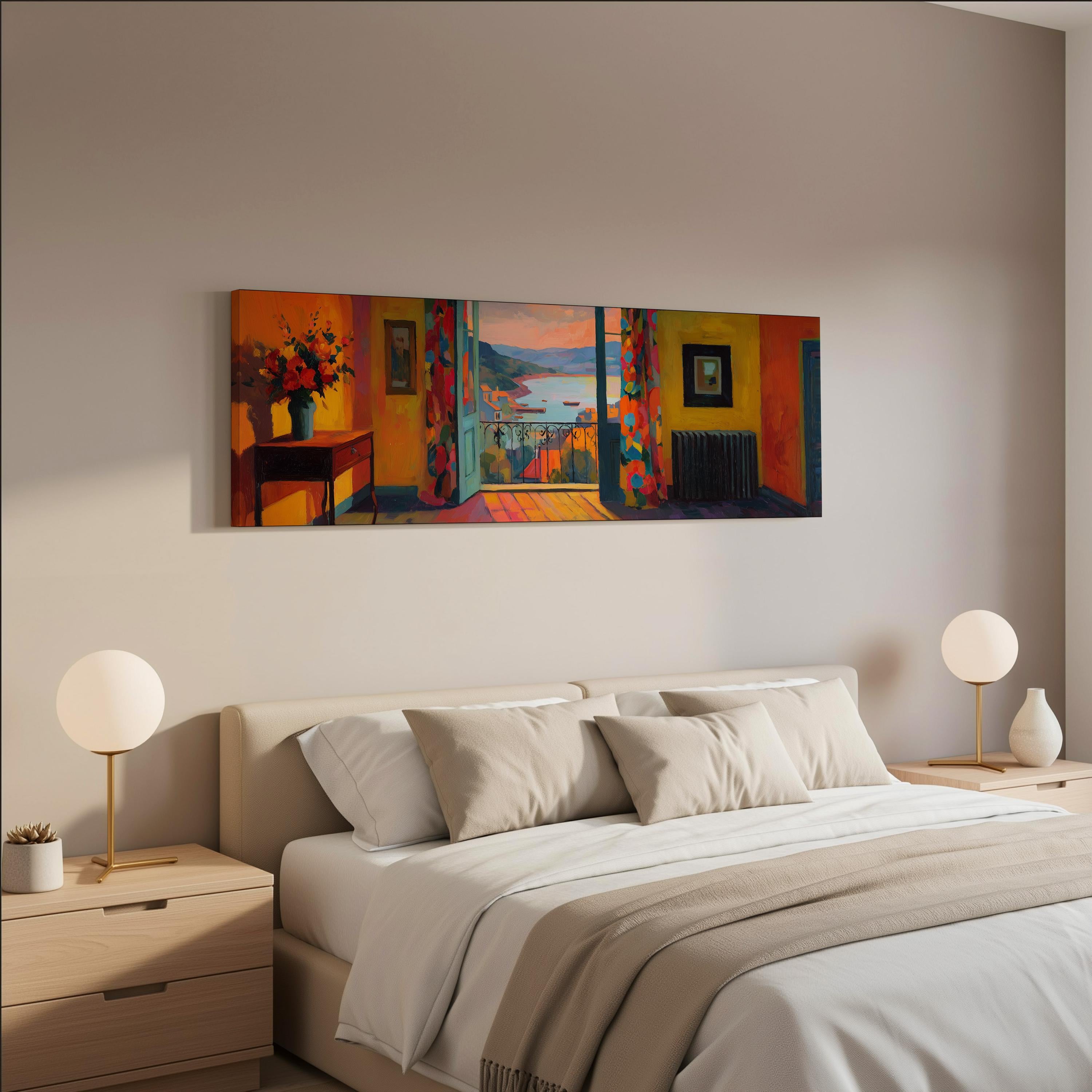 a modern bedroom with a large bed, wooden nightstands, and a painting hanging above the bed.