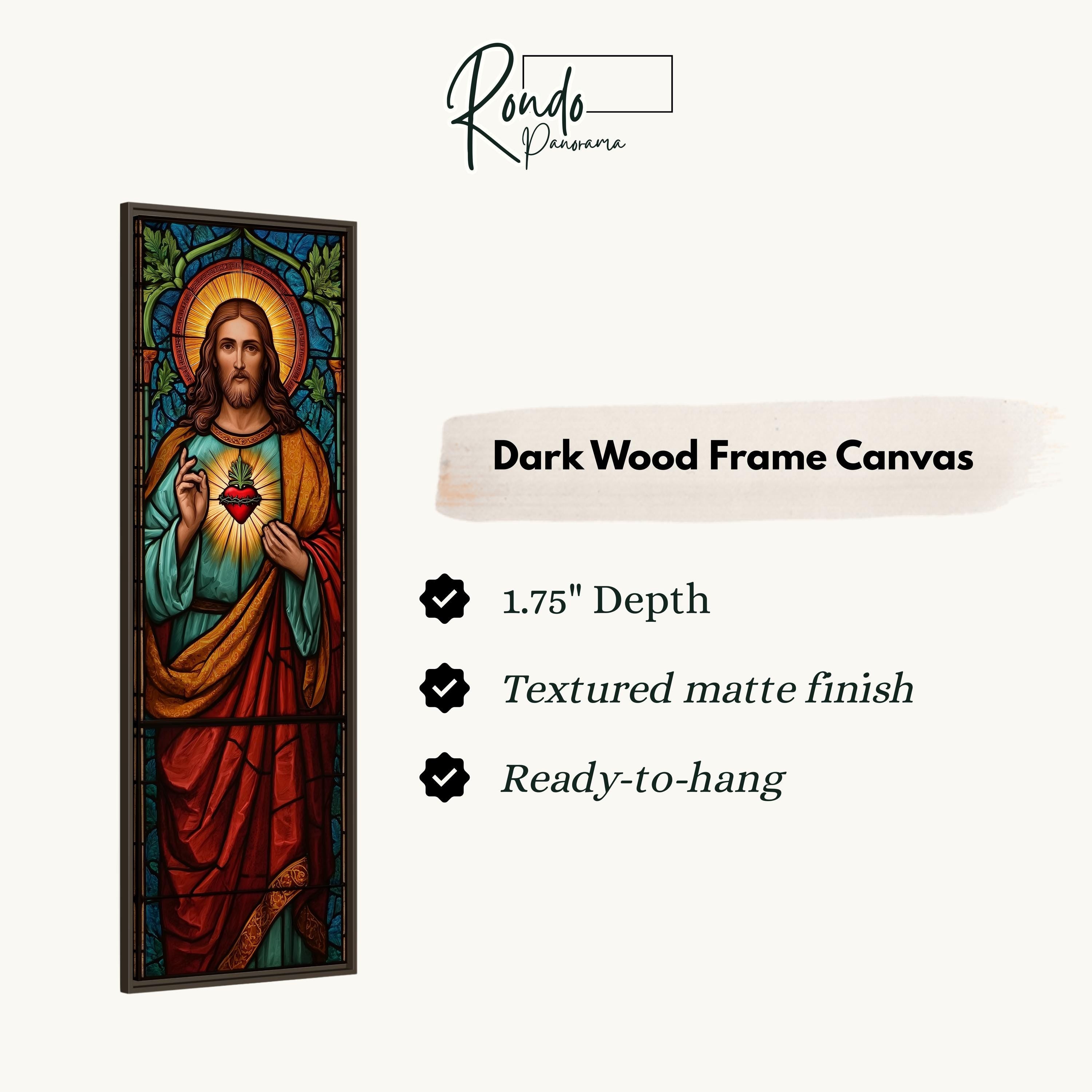The image is a dark wood frame canvas featuring a stained glass-style depiction of Jesus Christ.