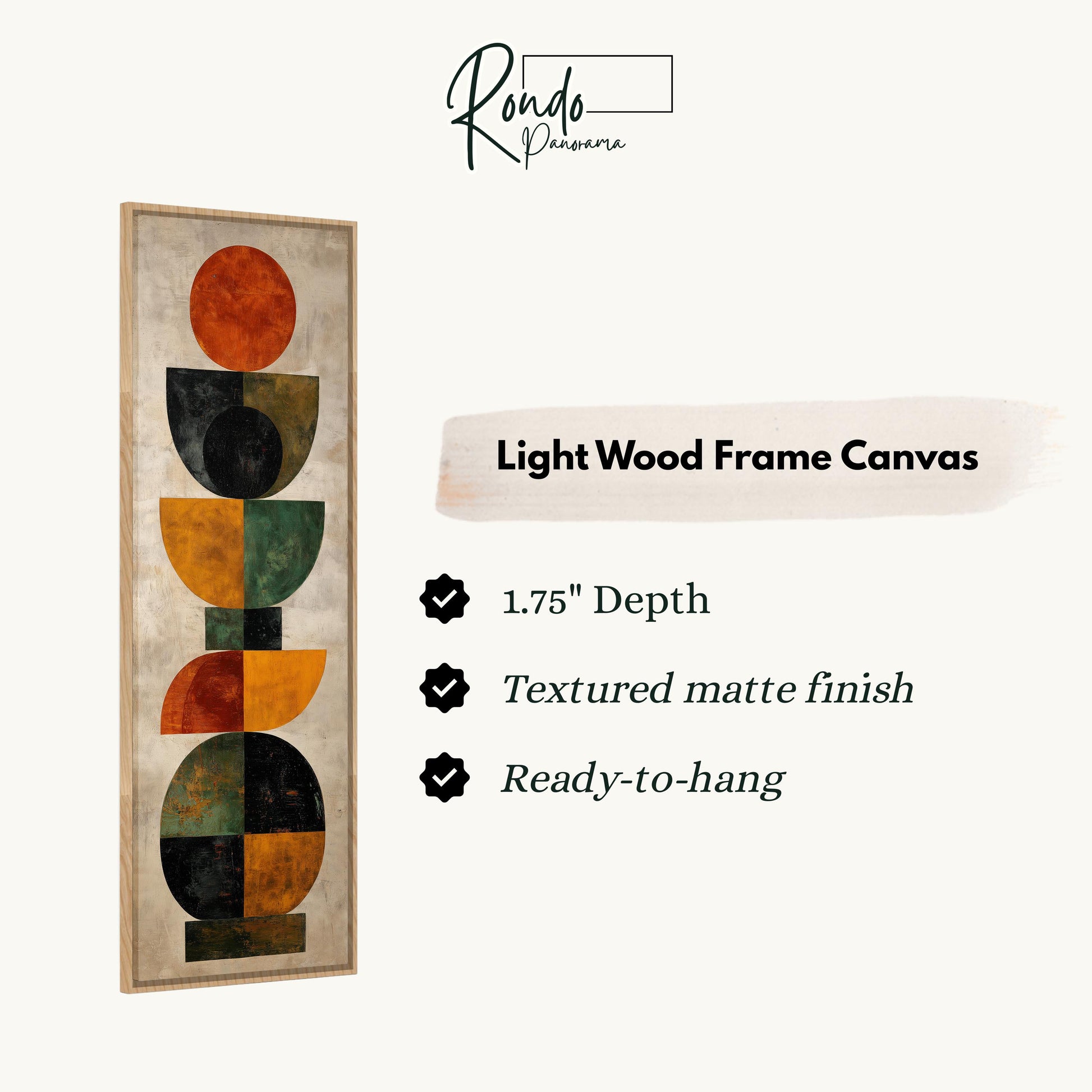 The image is a light wood frame canvas with a geometric design featuring a series of overlapping circles and rectangles in various colors.