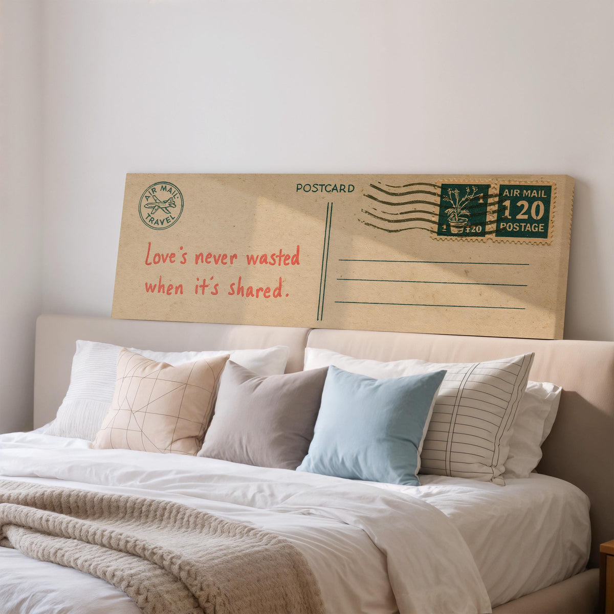 Vintage postcard with a love quote wide panoramic canvas print above a bed in a bedroom
