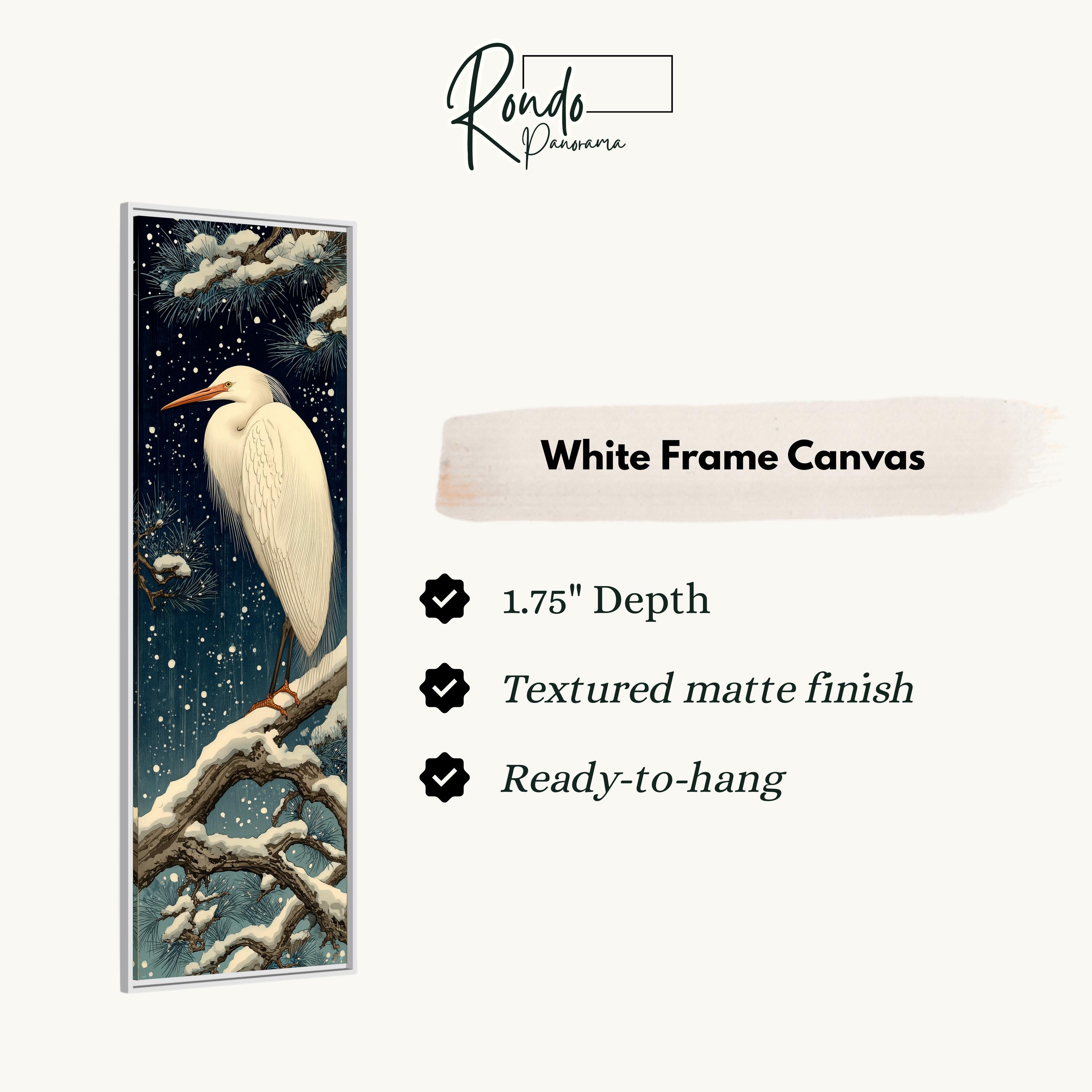The image is a white frame canvas depicting a snowy night scene with a white bird perched on a branch.