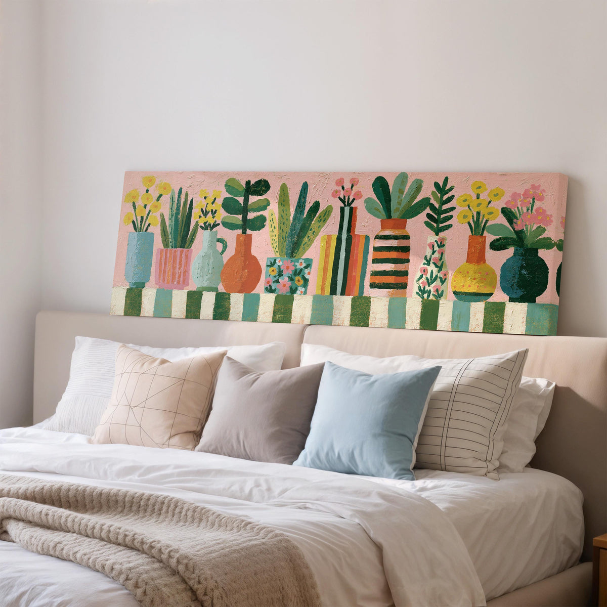 Row of boho potted plants wide panoramic canvas print above a bed in a bedroom