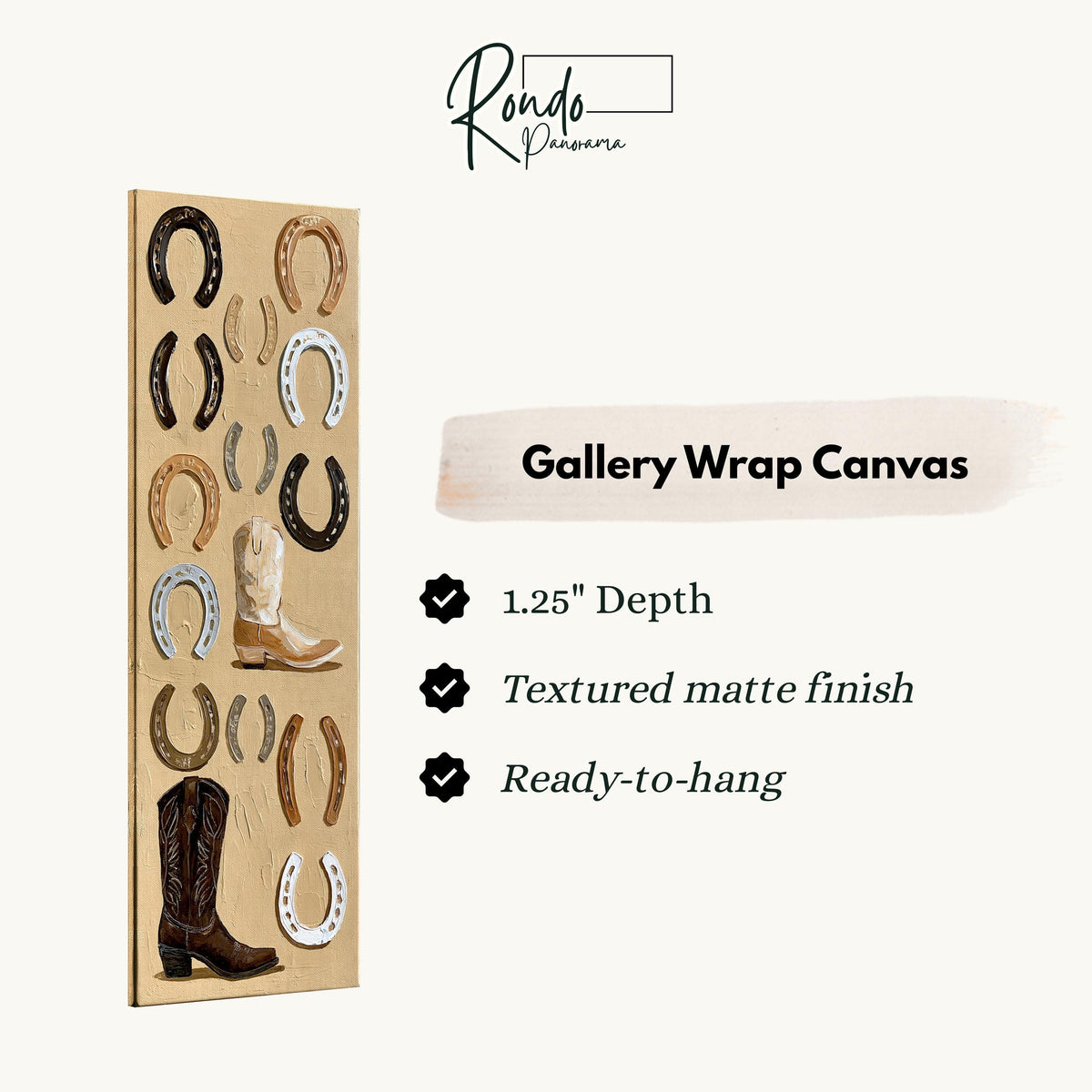 Horseshoes and cowboy boots flat lay gallery wrap canvas with the image wrapped around the edges