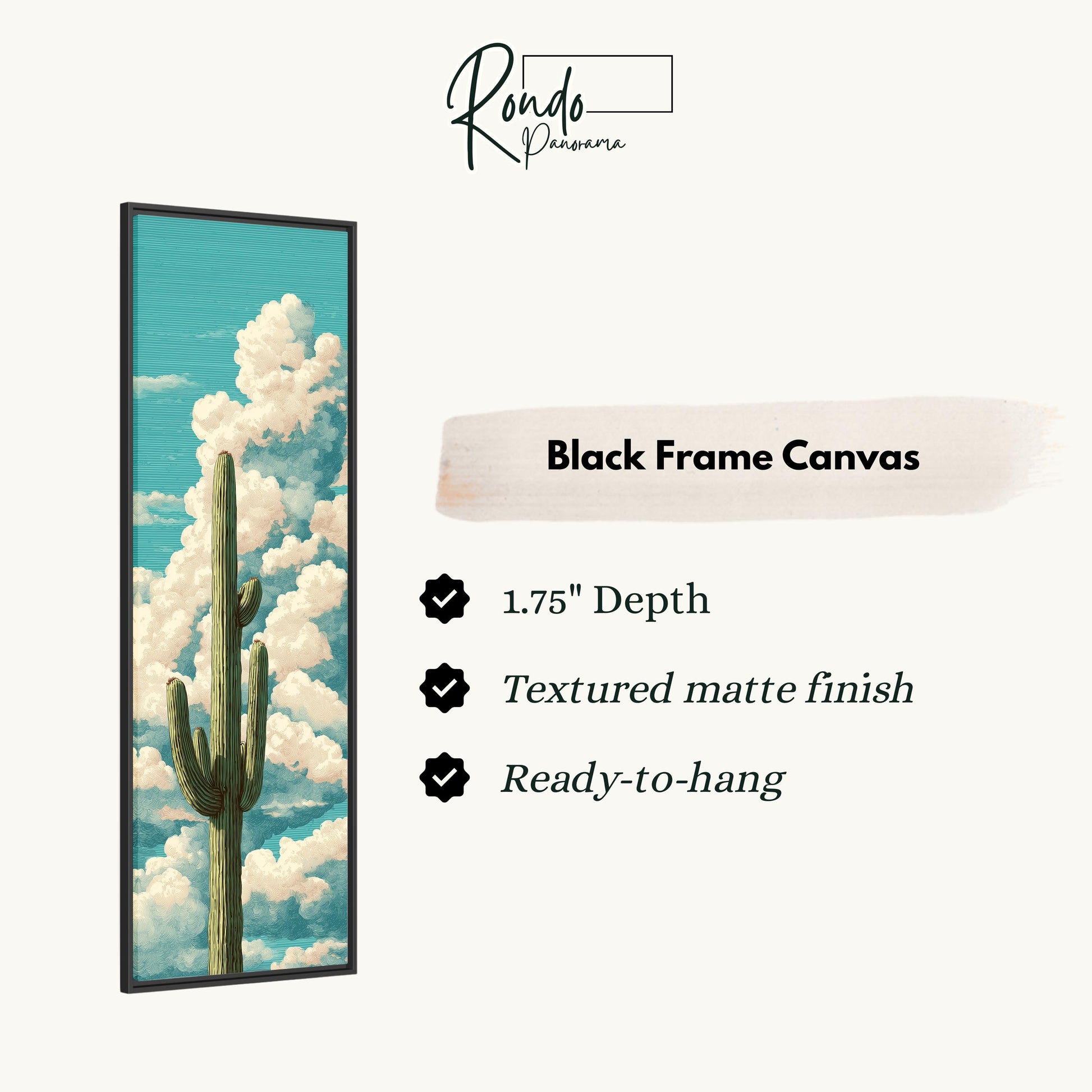 The image is a black frame canvas depicting a cactus in a blue sky with white clouds.