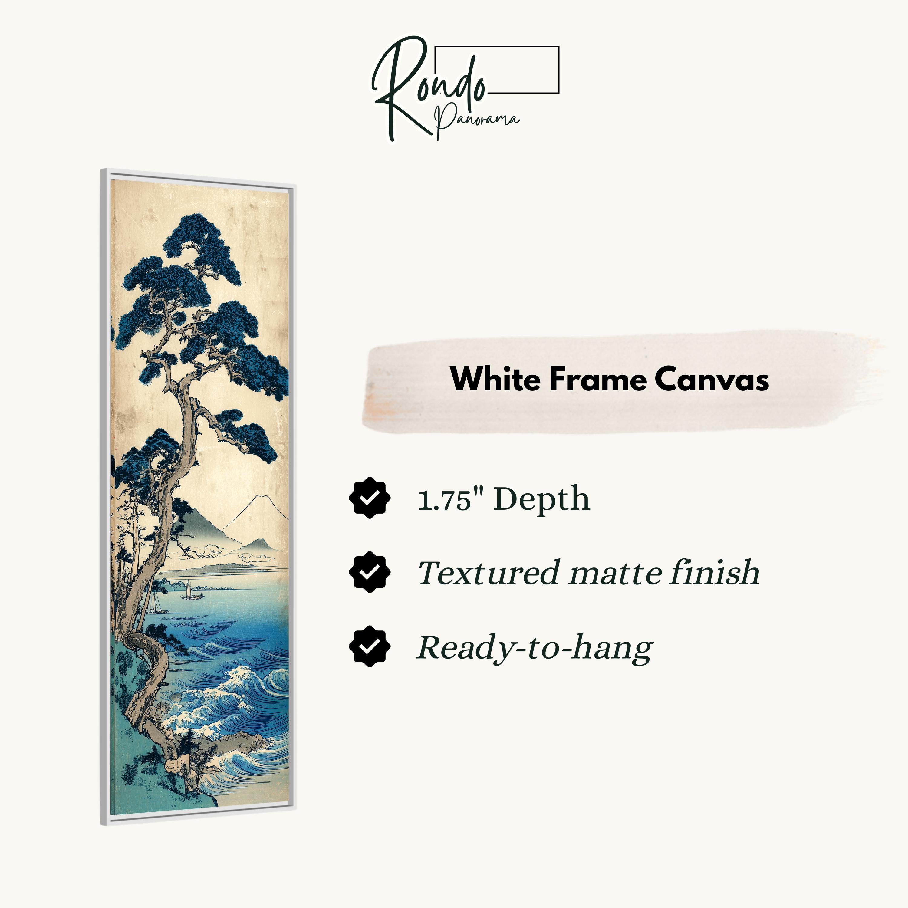 The image is a white frame canvas featuring a painting of a tree with blue branches and a landscape of a body of water.