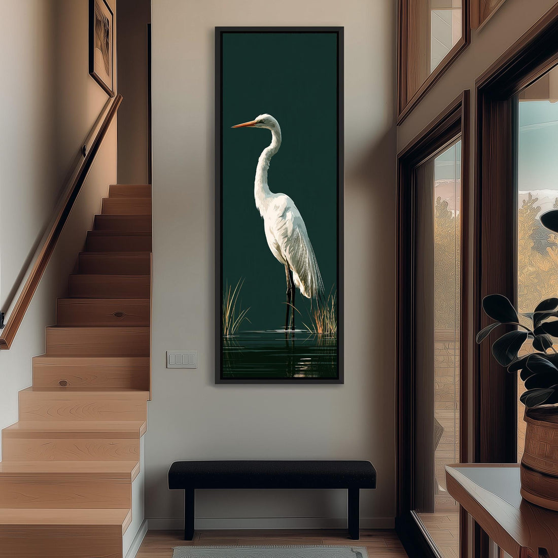 Great egret standing on dark green long vertical canvas print in a sunlit living space