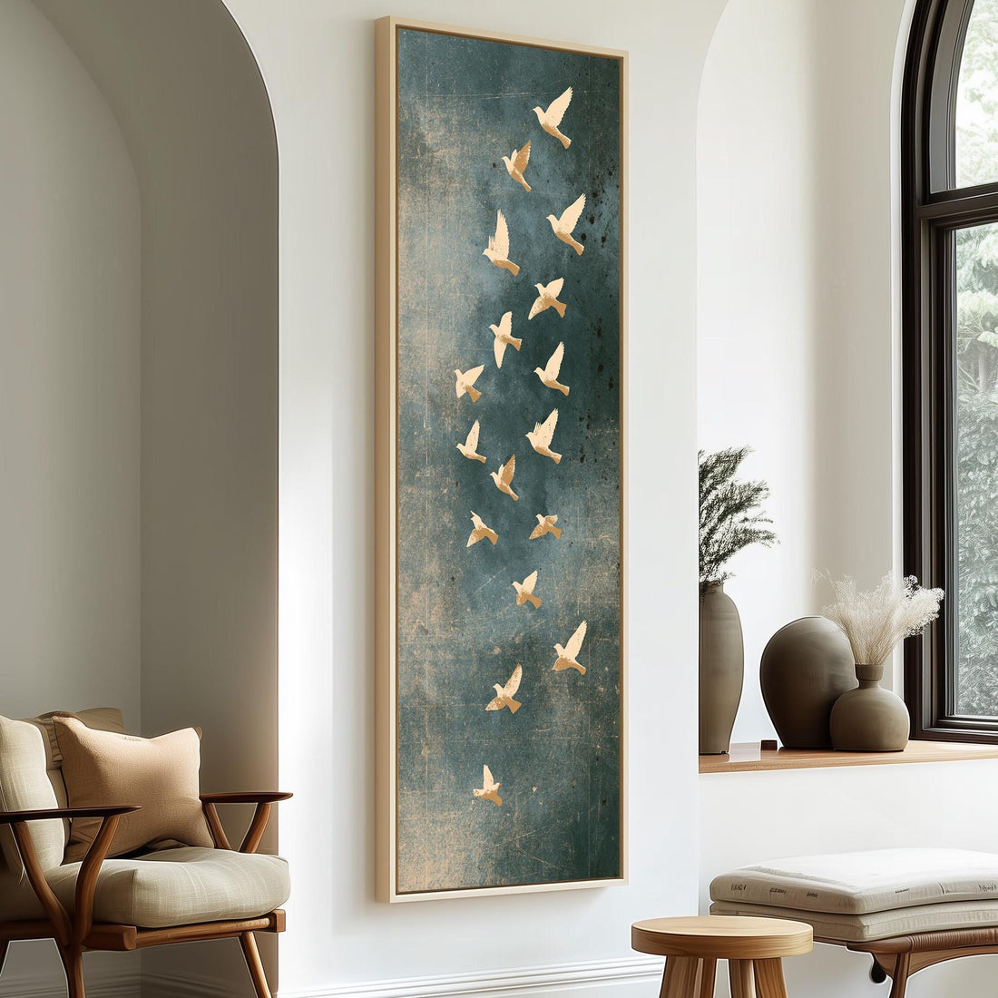 Golden birds flying on slate blue long vertical canvas print in a sunlit living space