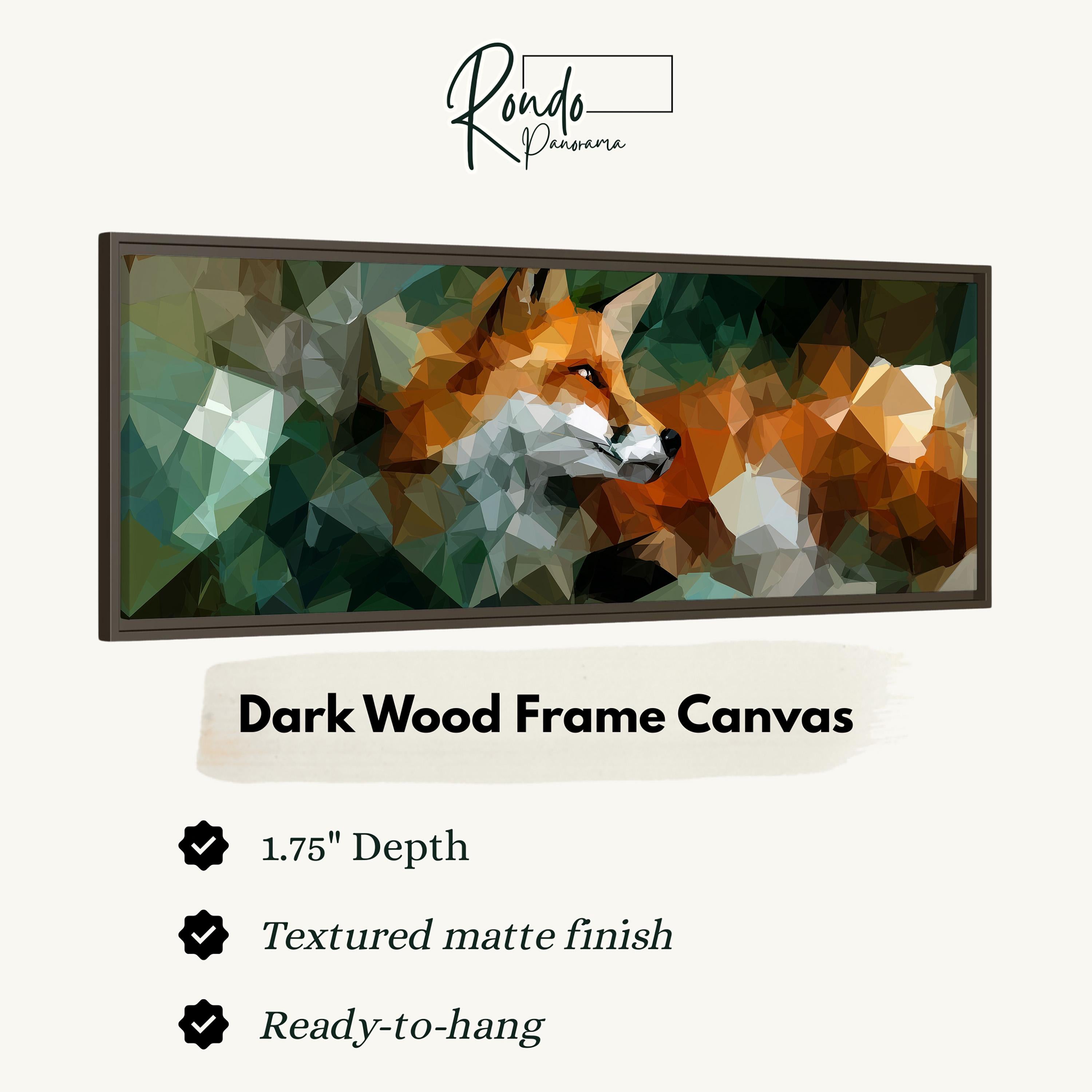 The image is a framed canvas depicting a fox in a dark wood frame.