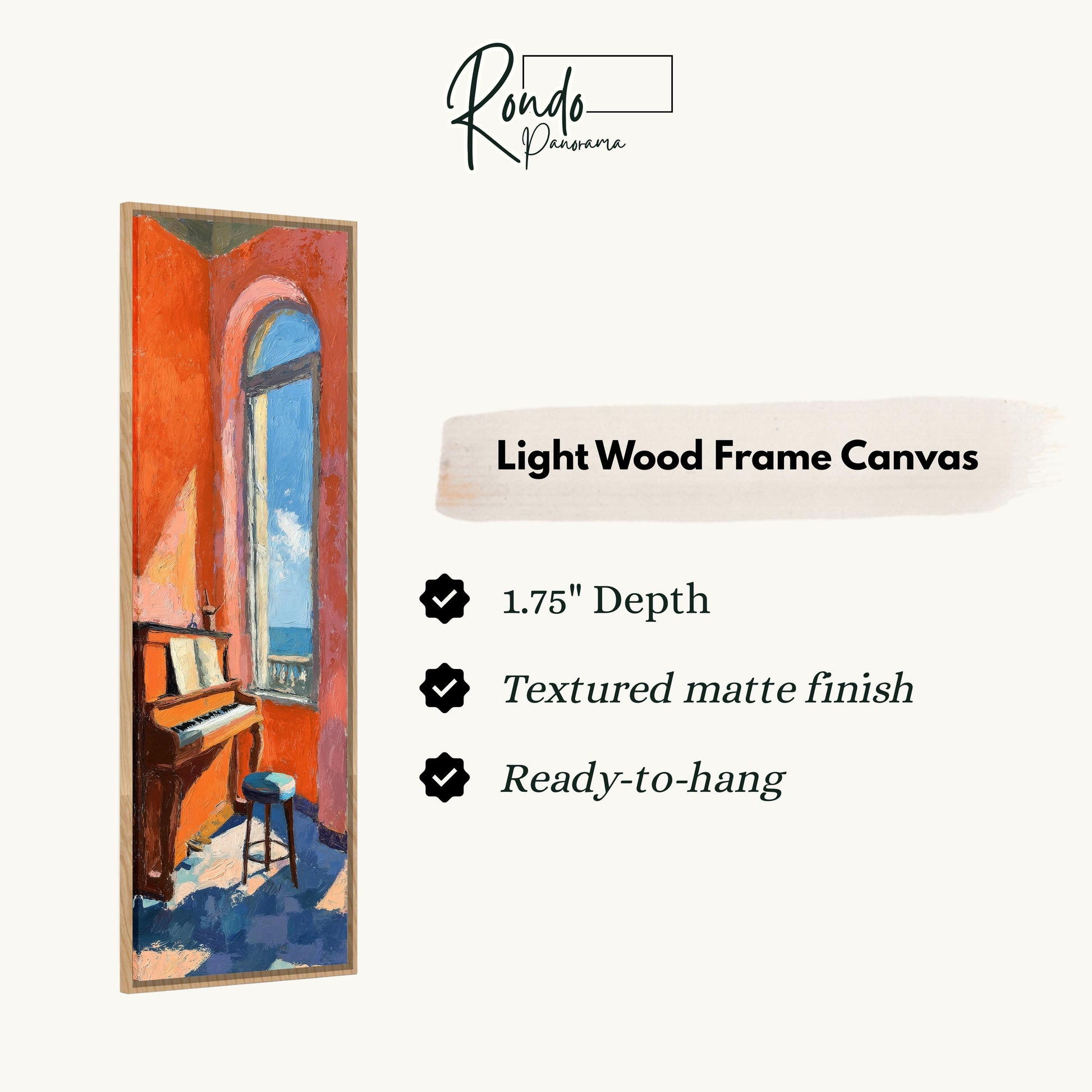 The image is a light wood frame canvas depicting a piano in a room with a window.
