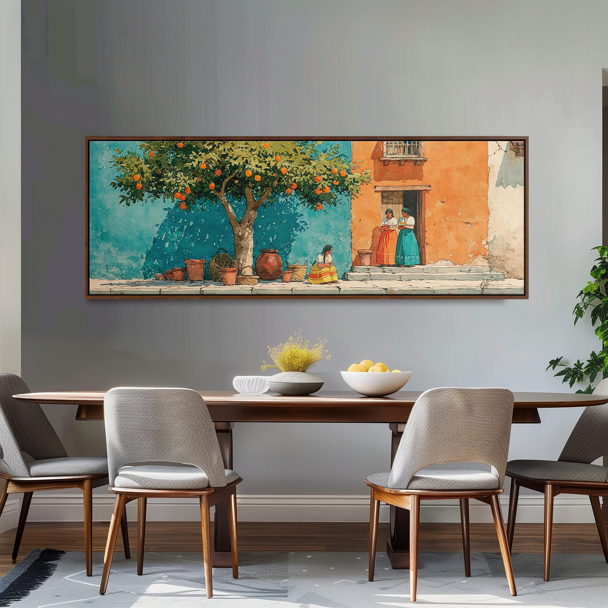 Orange tree on a colorful village street long horizontal canvas print above a dining table