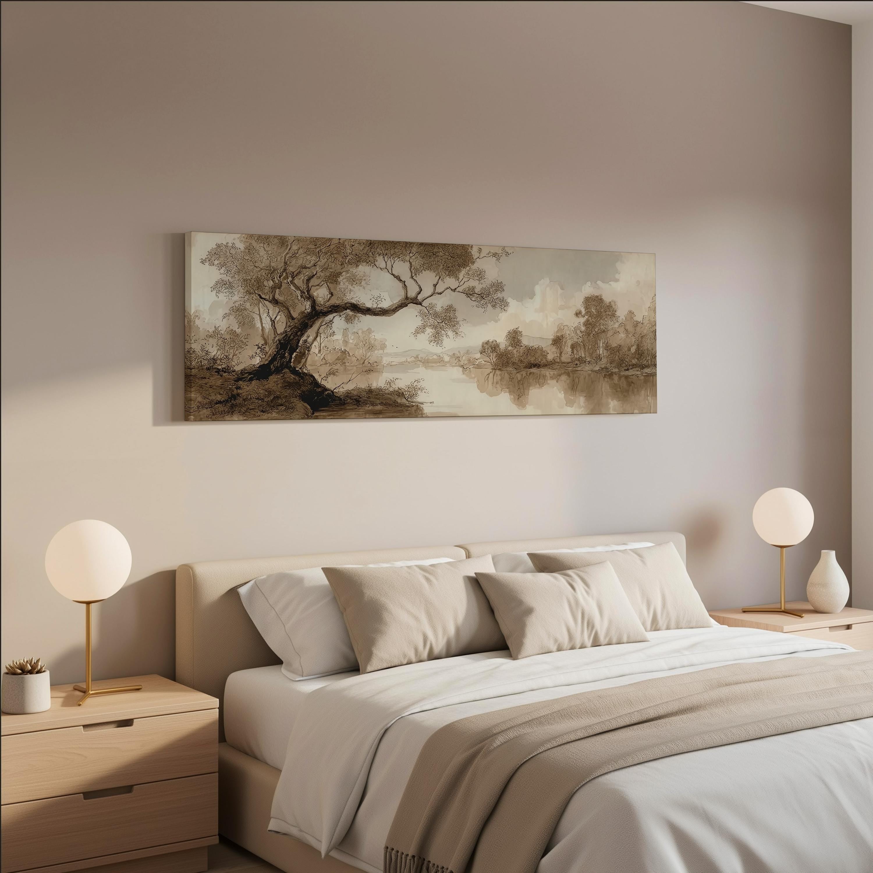 a serene bedroom scene with a large bed adorned with white linens and beige throw pillows. Above the bed, a painting of a tree-filled landscape is displayed on the wall, creating a calming and peaceful atmosphere. The room is well-lit, with two round table lamps on either side of the bed providing soft, ambient lighting.