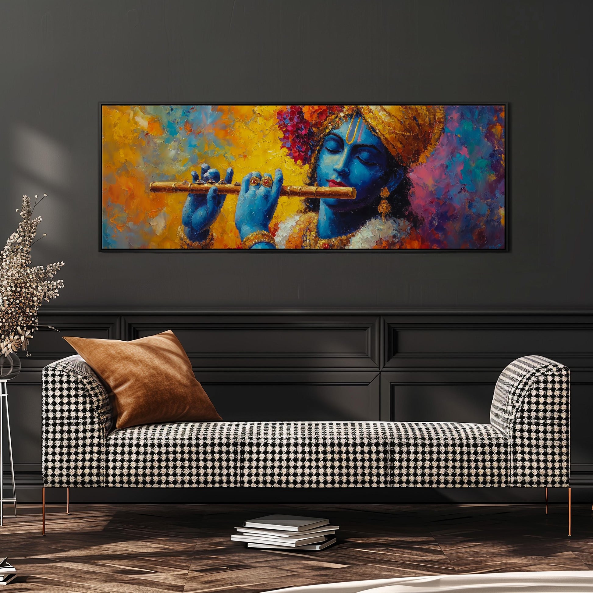 a large painting of a blue-skinned man playing a flute, hanging on a wall above a black and white checkered sofa.