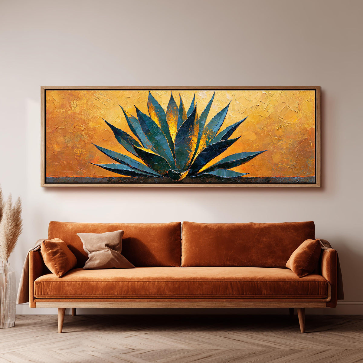 Blue agave on a textured gold background panoramic canvas print above a sofa in a living room