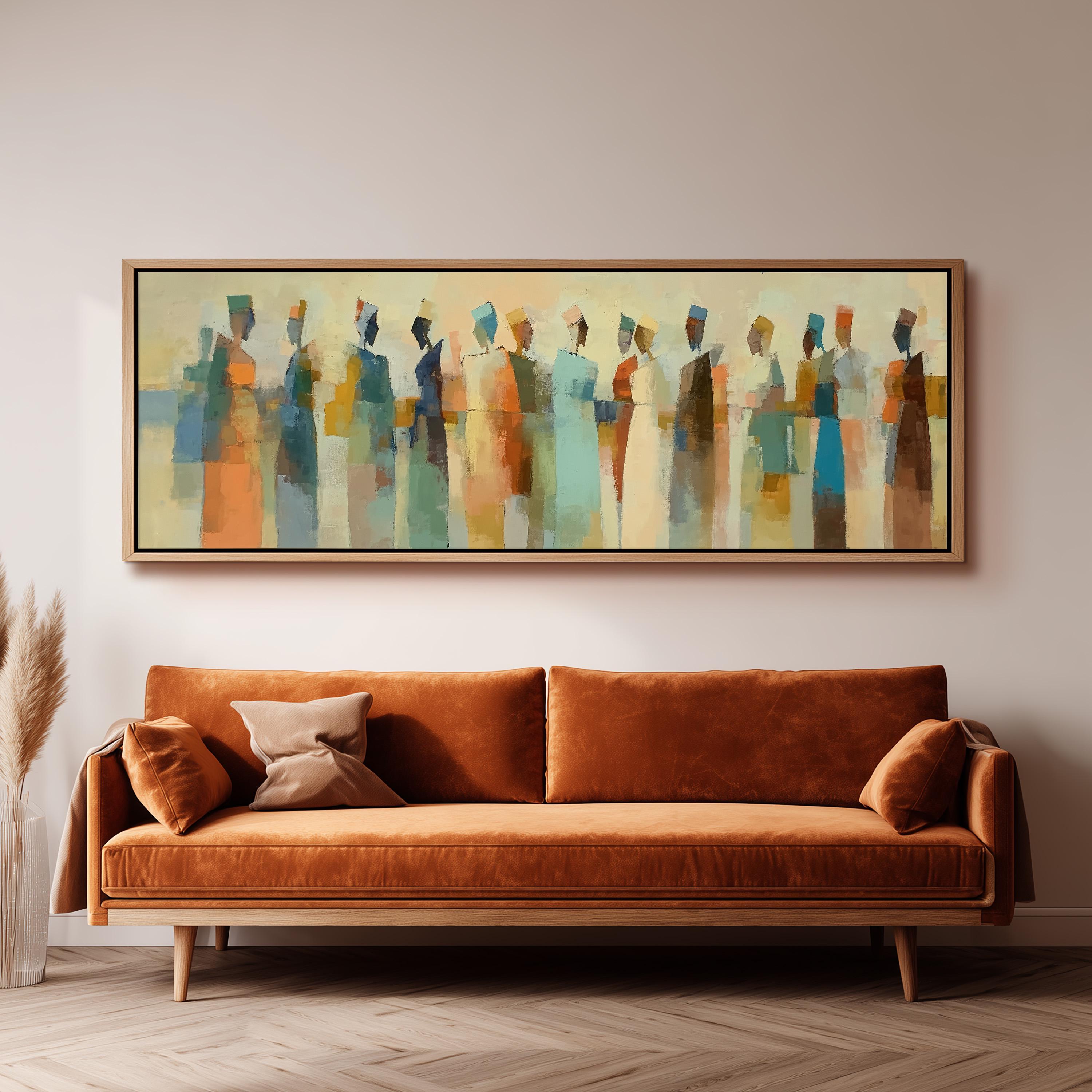 a large abstract painting hanging on a wall above a brown sofa.