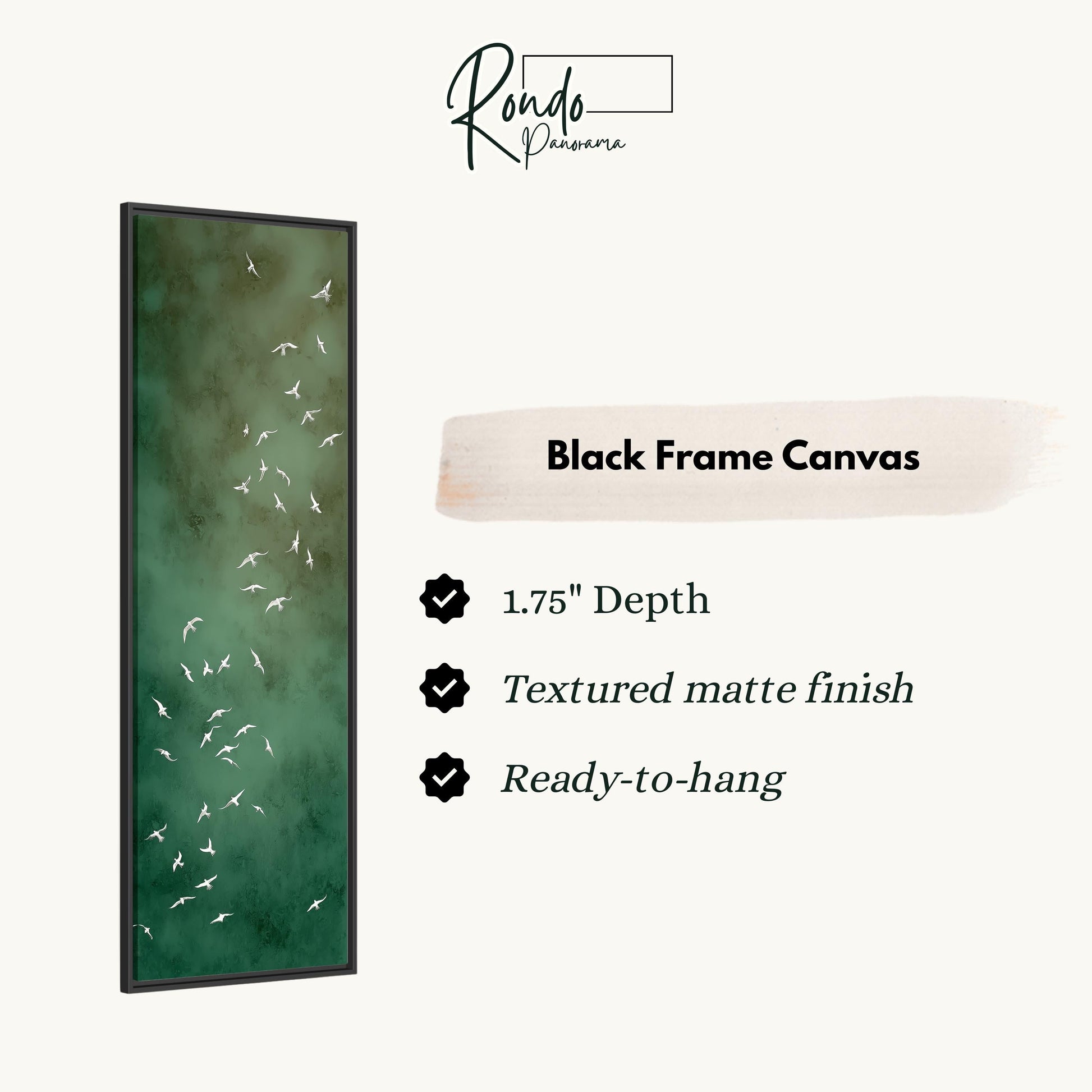 The image is a black frame canvas with a green background and white birds.