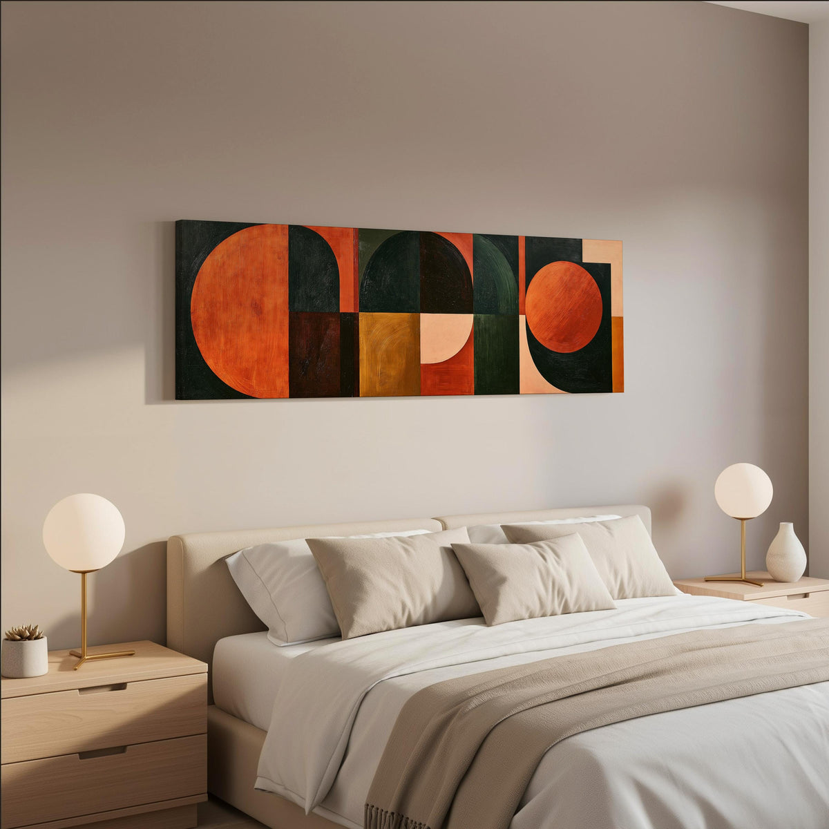 Orange circles and arches on forest green wide panoramic canvas print above a bed in a neutral bedroom