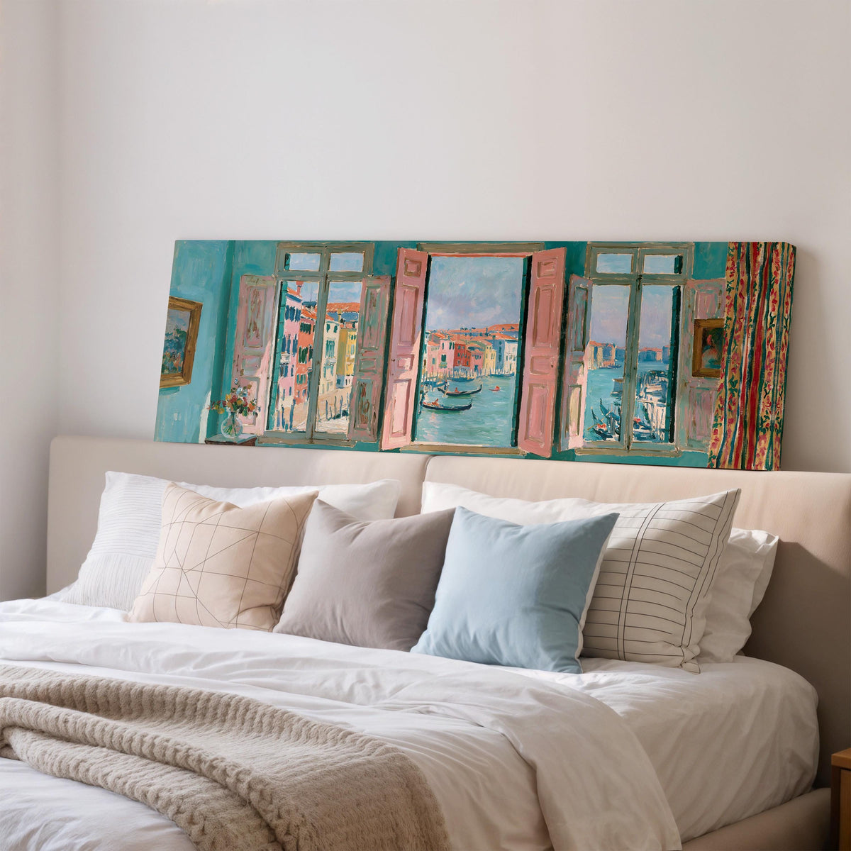 Venice canal and gondolas through a window wide panoramic canvas print above a bed in a bedroom