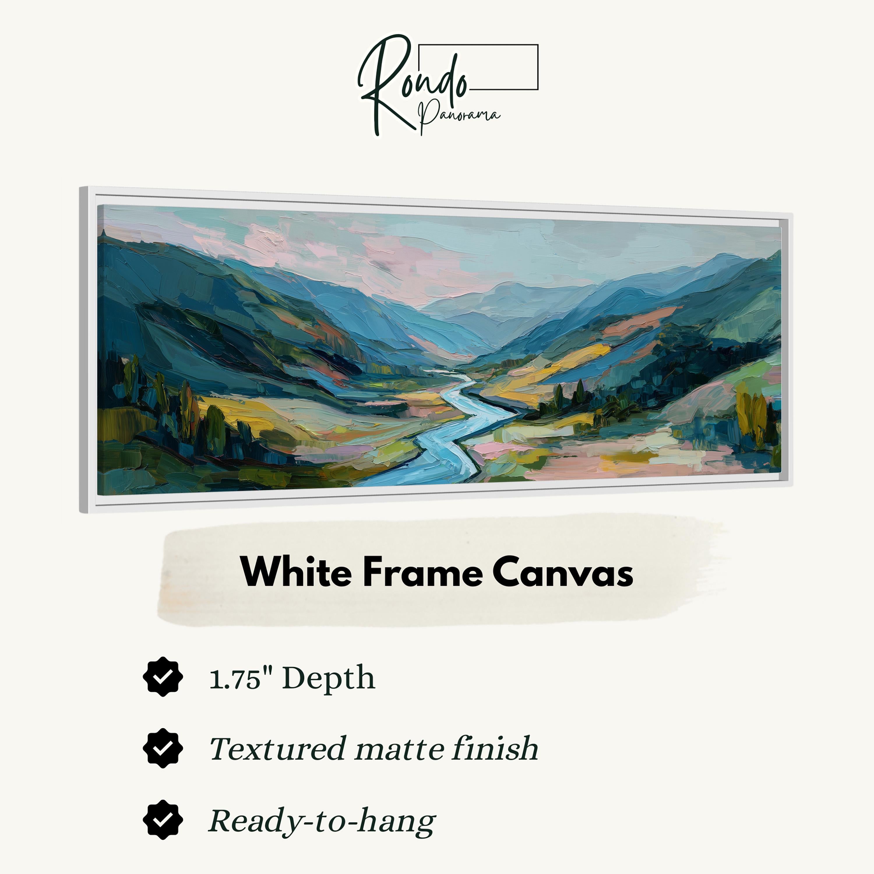 The image is a white frame canvas depicting a landscape with mountains, a river, and trees.