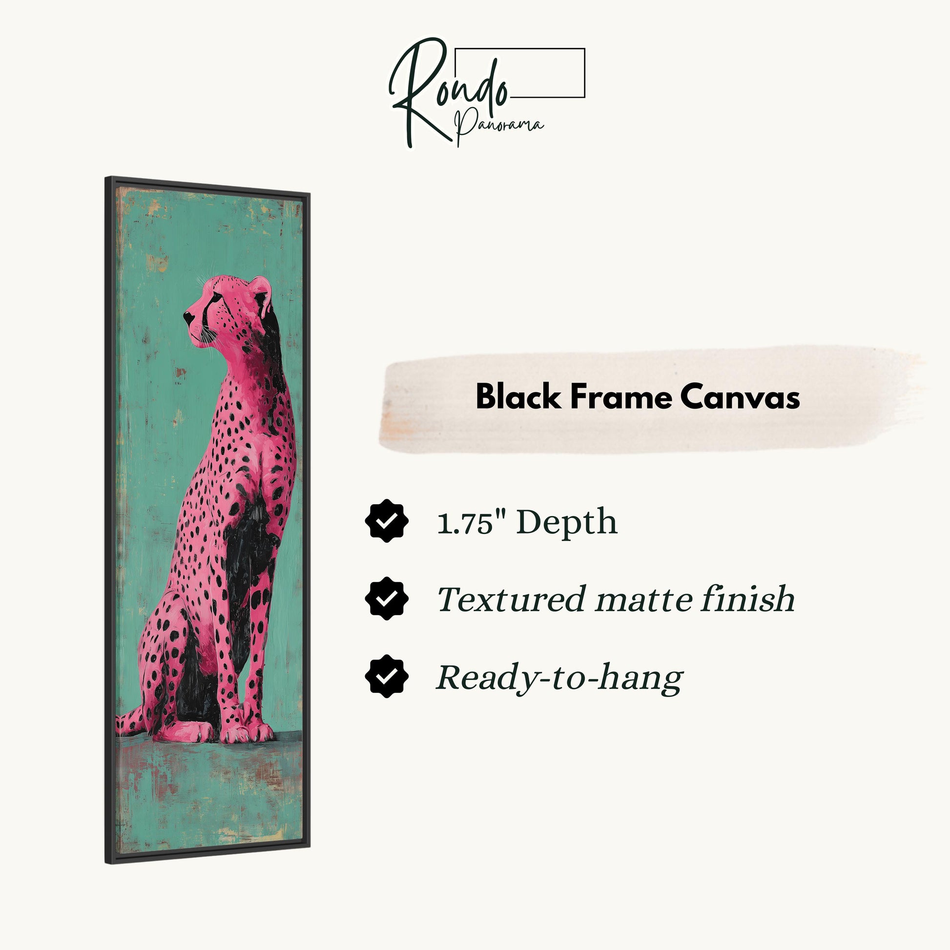a large, vibrant pink cheetah against a teal background.