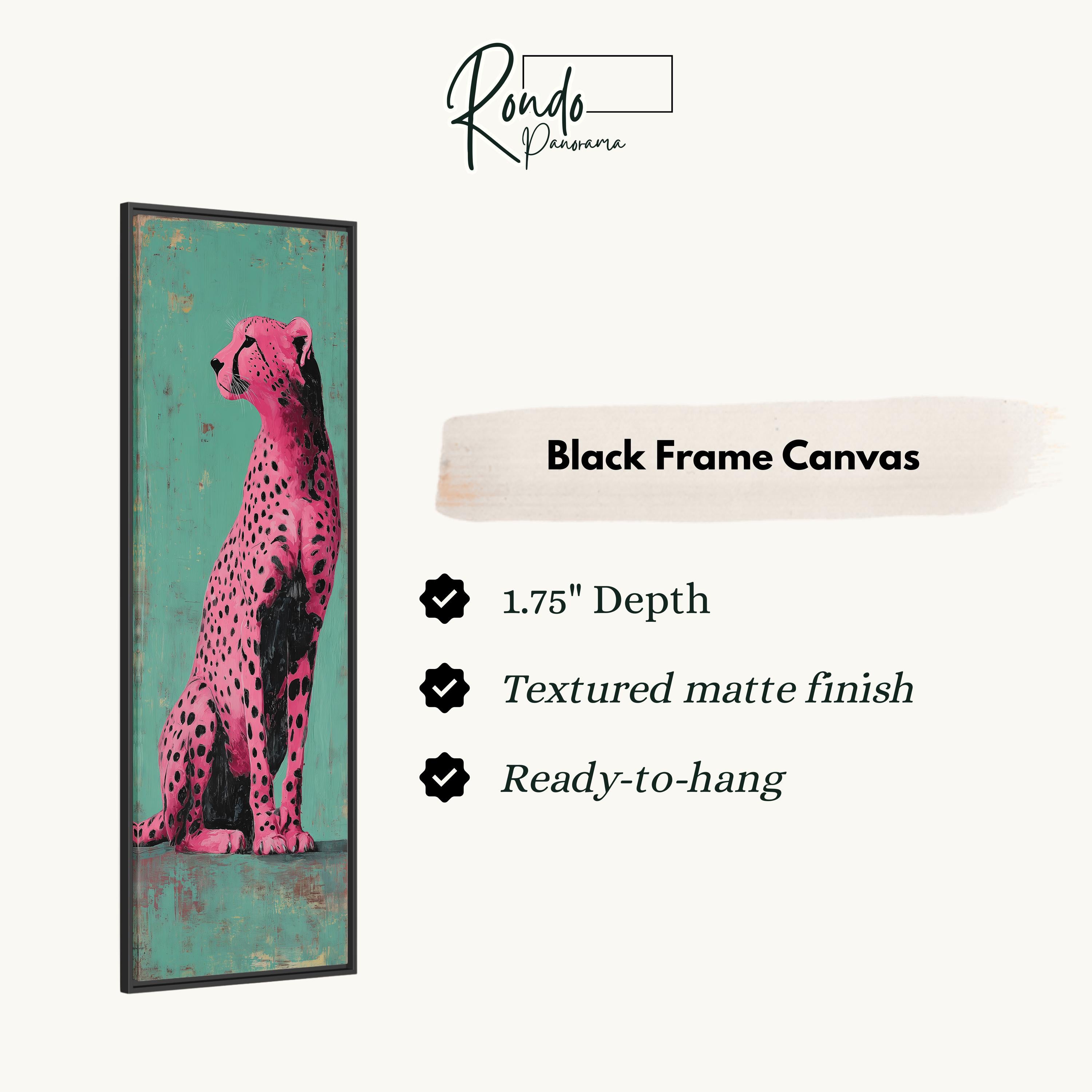 a large, vibrant pink cheetah against a teal background.