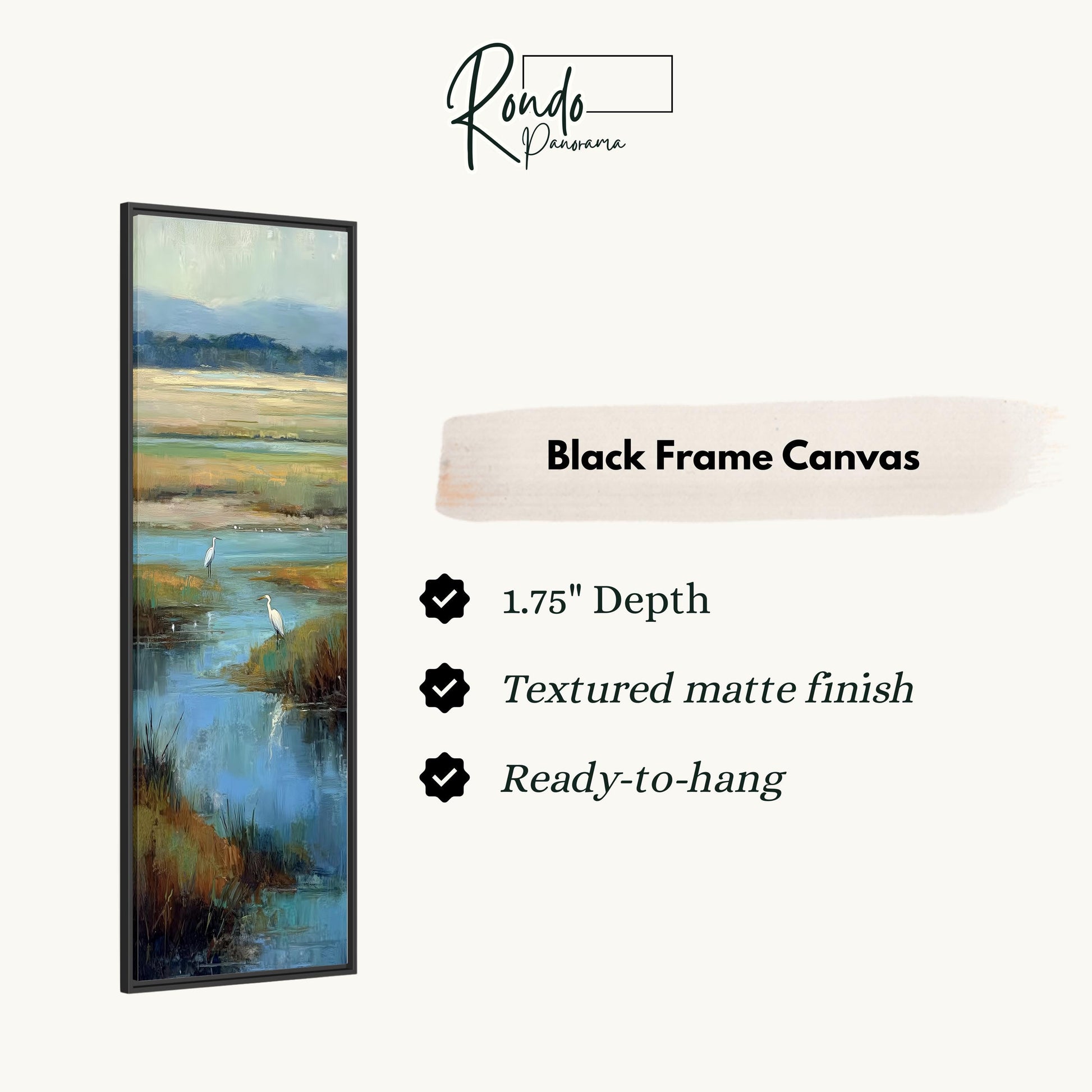 The image is a black frame canvas depicting a serene landscape with a body of water and a bird in the foreground.
