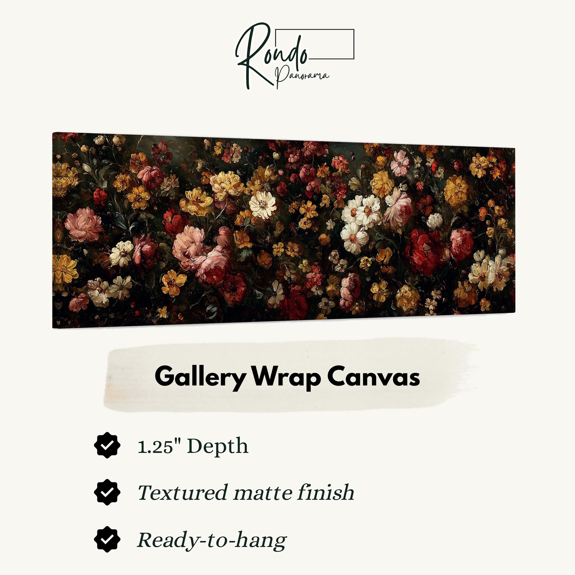 The image is a large canvas print featuring a vibrant floral arrangement with various colors and textures.