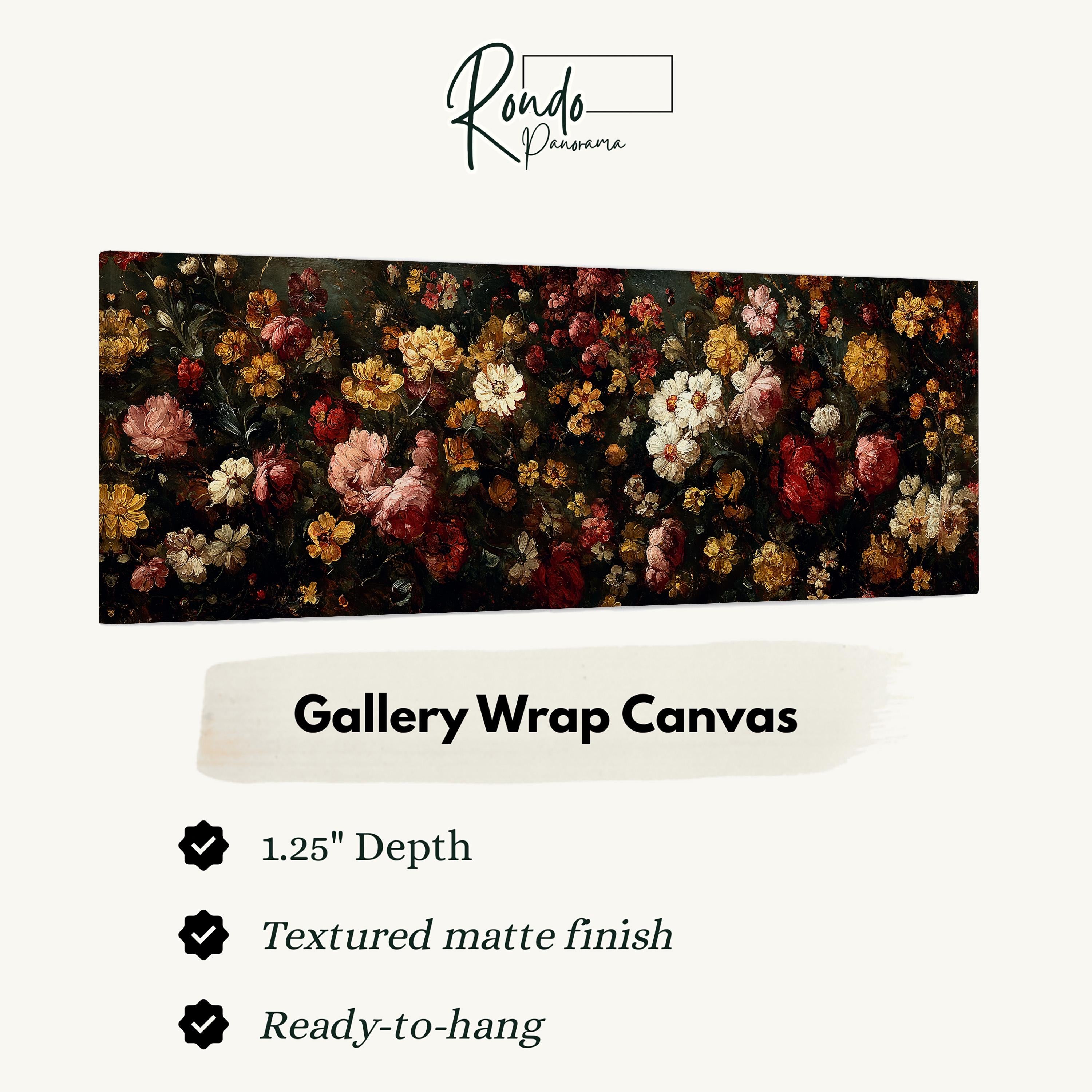 The image is a large canvas print featuring a vibrant floral arrangement with various colors and textures.