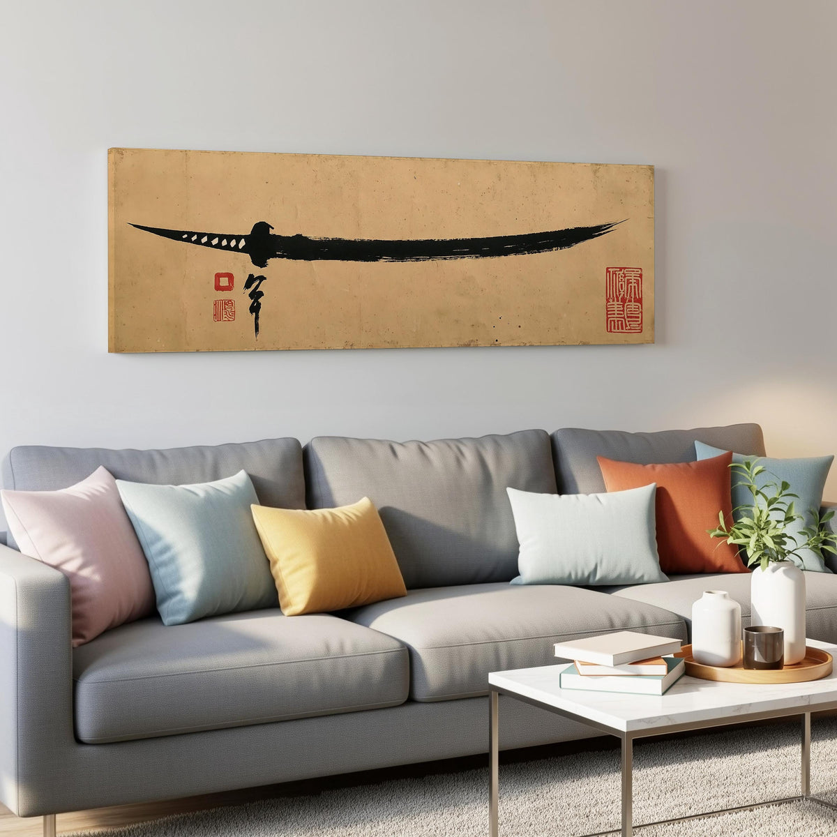 Ink brush katana panoramic canvas print above a grey sofa in a living room
