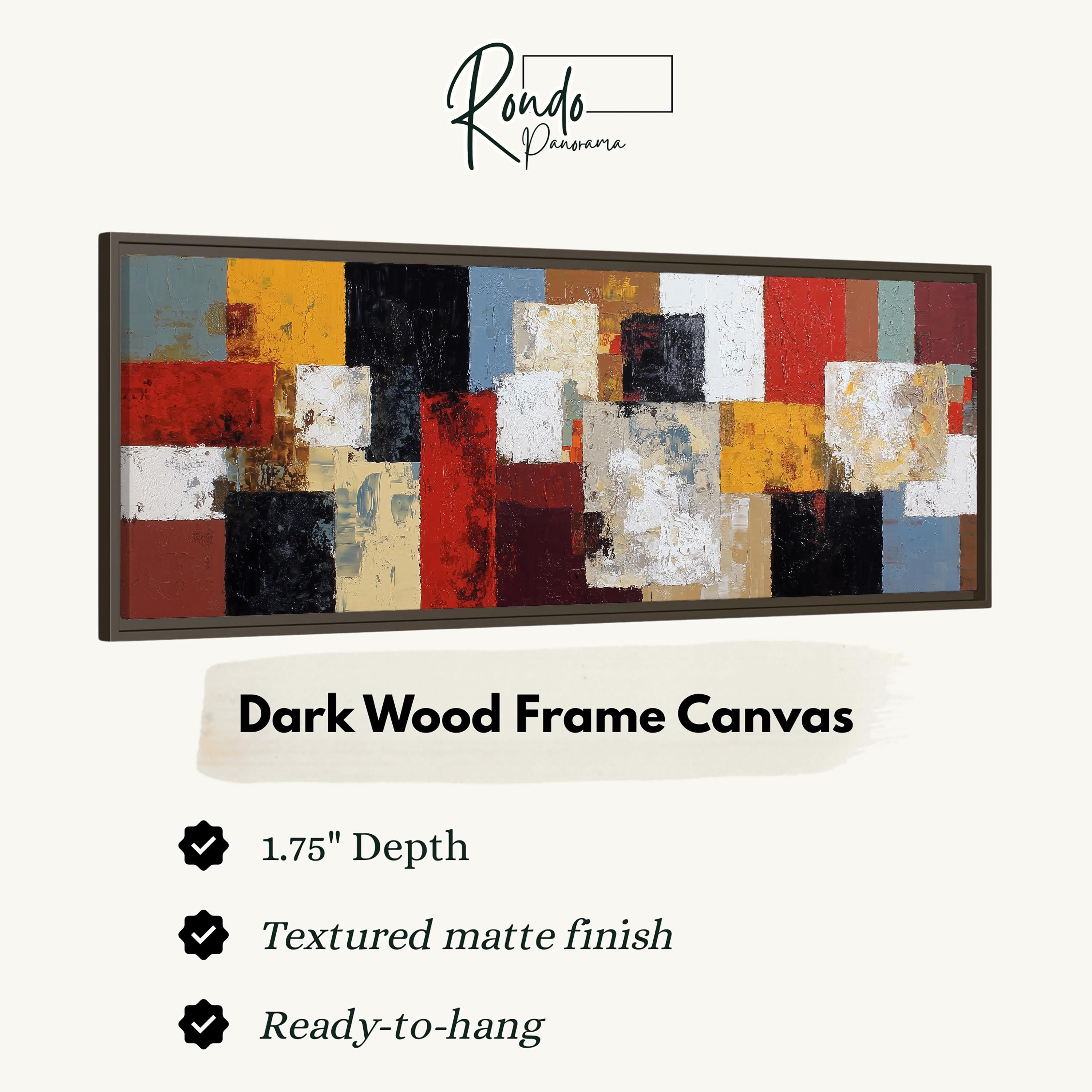 The image is a product advertisement for a dark wood frame canvas. It features a large abstract painting with a variety of colors and textures. The advertisement highlights the canvas's features, such as its 1.75" depth, textured matte finish, and ready-to-hang nature.