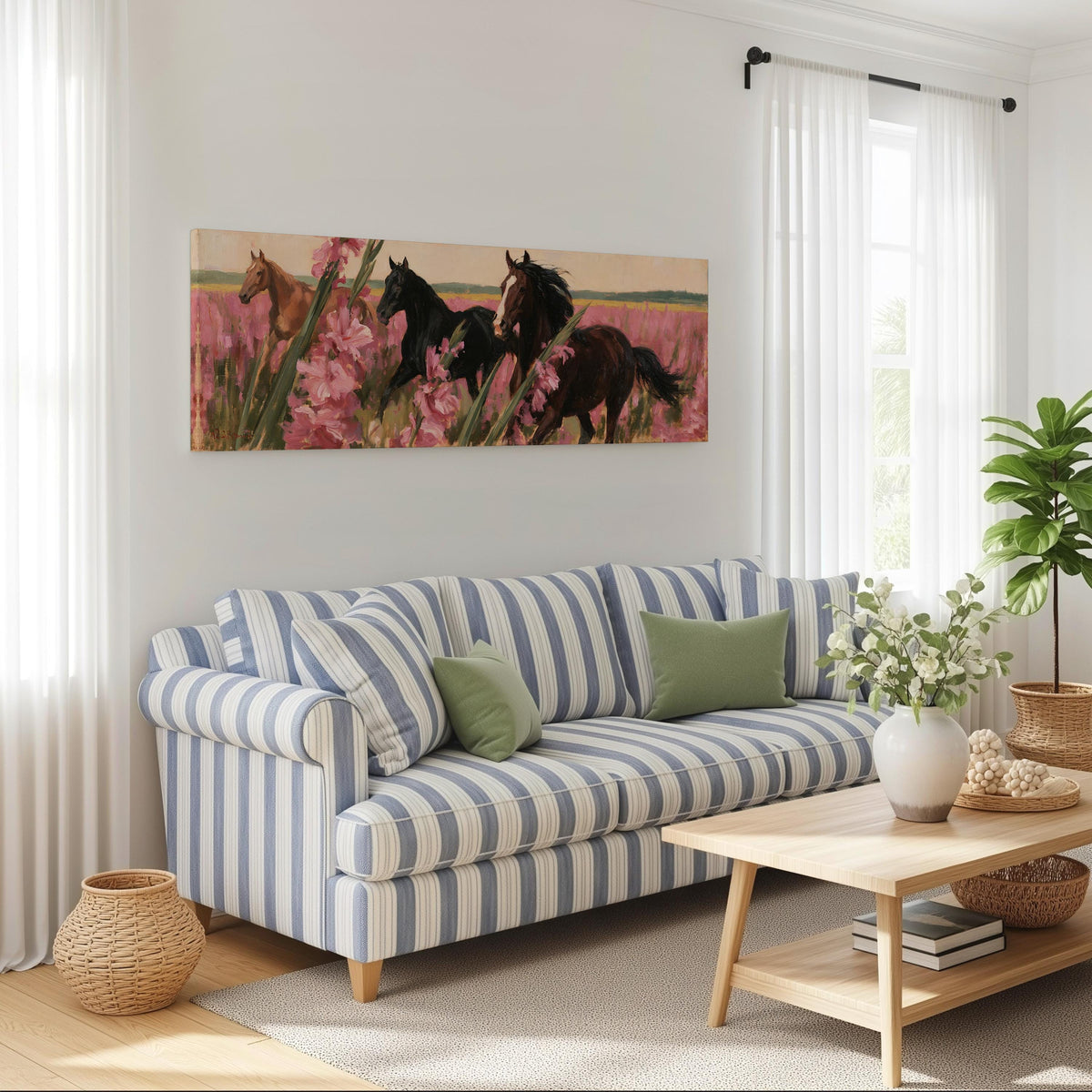 Horses running through pink gladiolus long horizontal canvas print above a striped sofa in a coastal living room