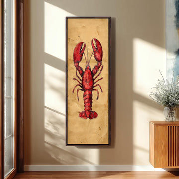 a framed painting of a red lobster on a wall.