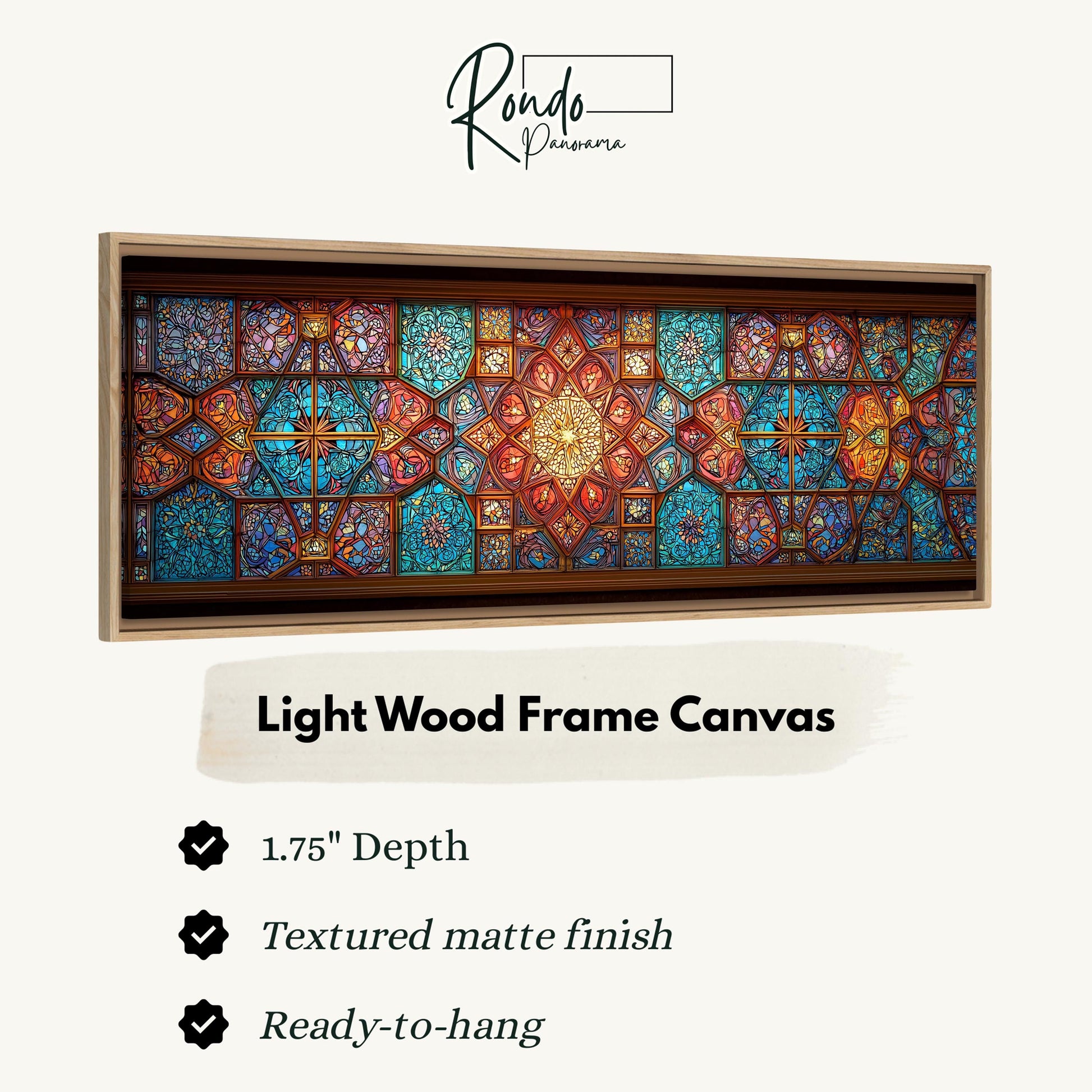 a light wood frame canvas with a detailed stained glass design.