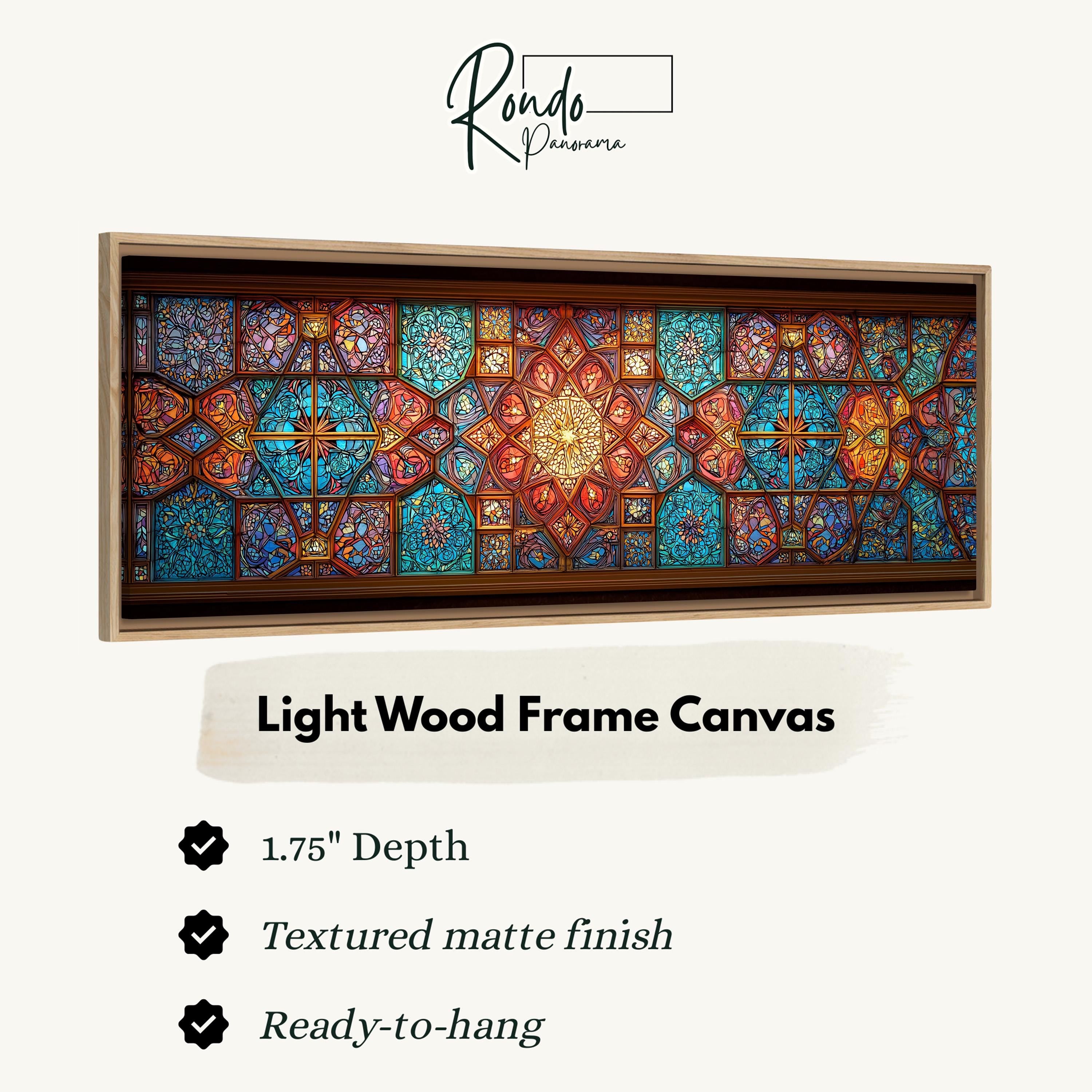 a light wood frame canvas with a detailed stained glass design.