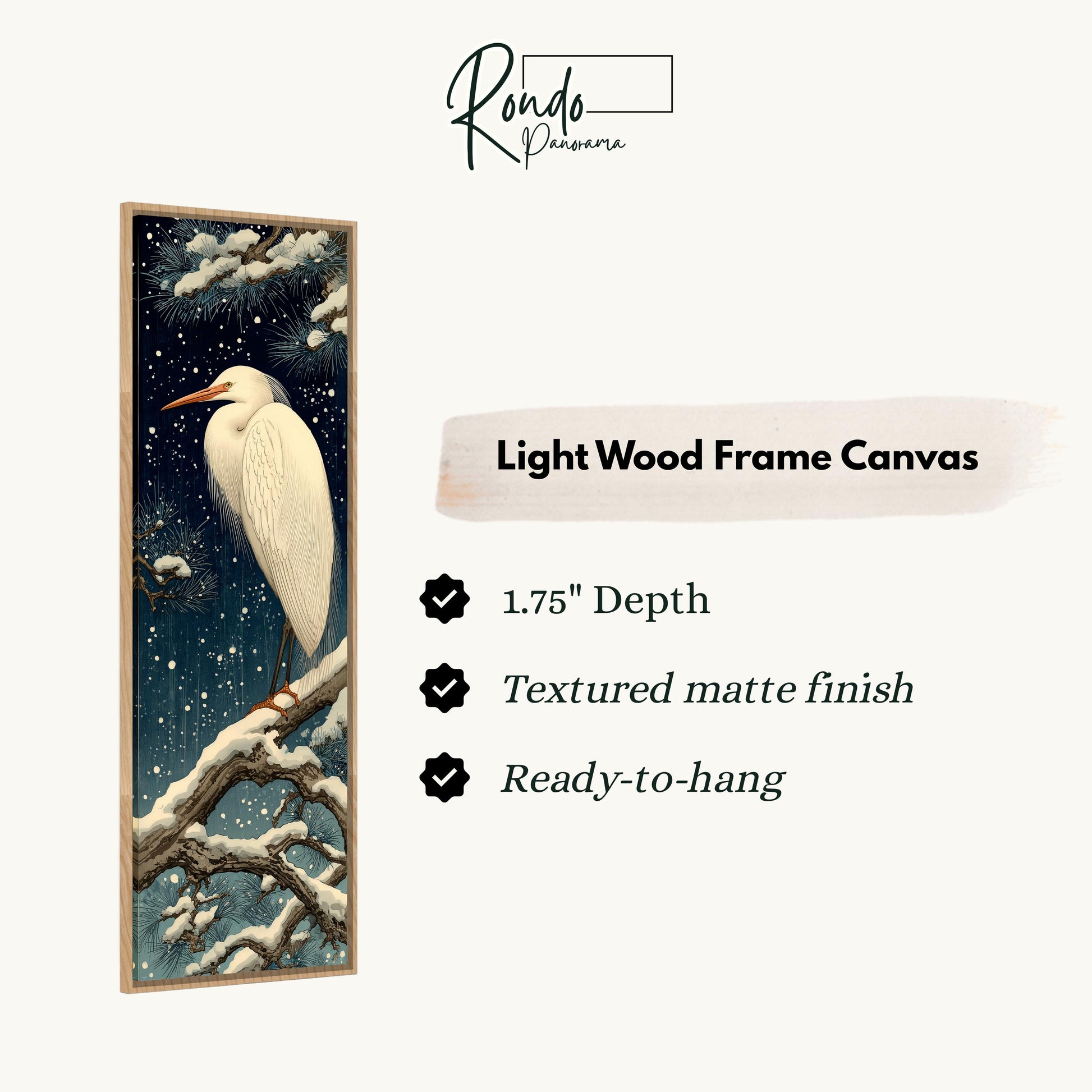 The image is a light wood frame canvas depicting a snowy night scene with a white bird perched on a branch.