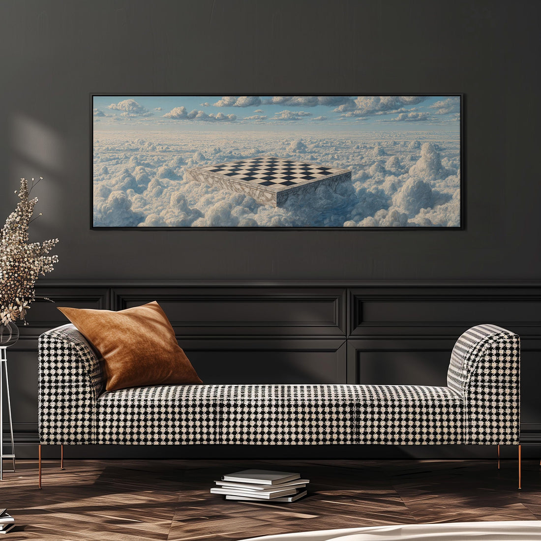 a large painting of a checkerboard on a wall above a wooden dining table with four chairs. The painting depicts a surreal scene of a checkerboard floating in the sky, surrounded by clouds.