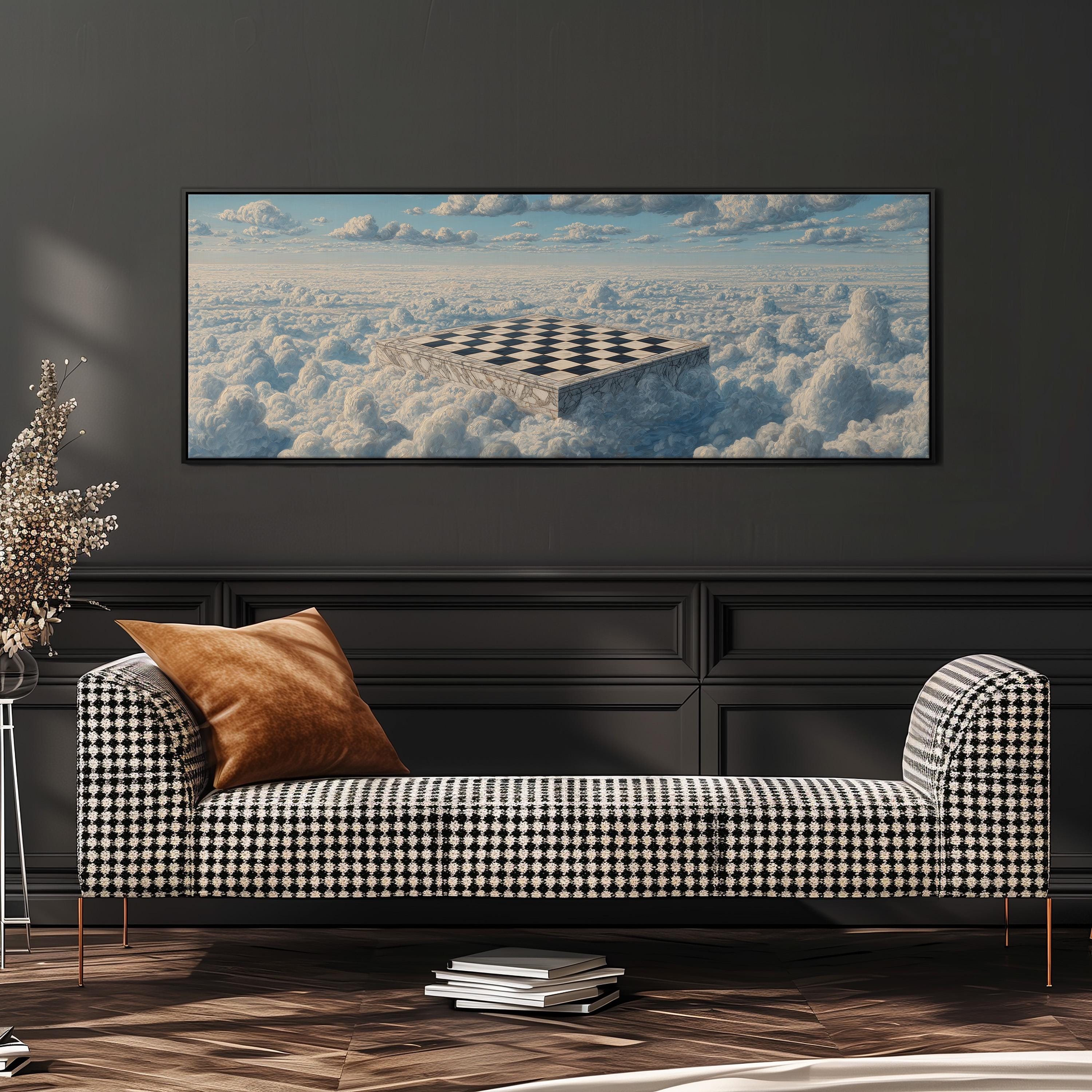 a large black and white checkered sofa with a brown throw pillow, set against a dark wall with a framed painting of a floating chessboard above it.