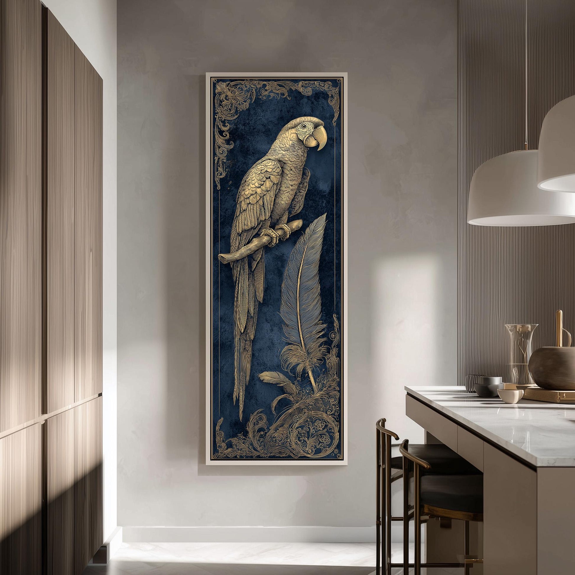 a large framed painting of a parrot, with a blue background and gold accents, hanging on a wall in a modern kitchen.