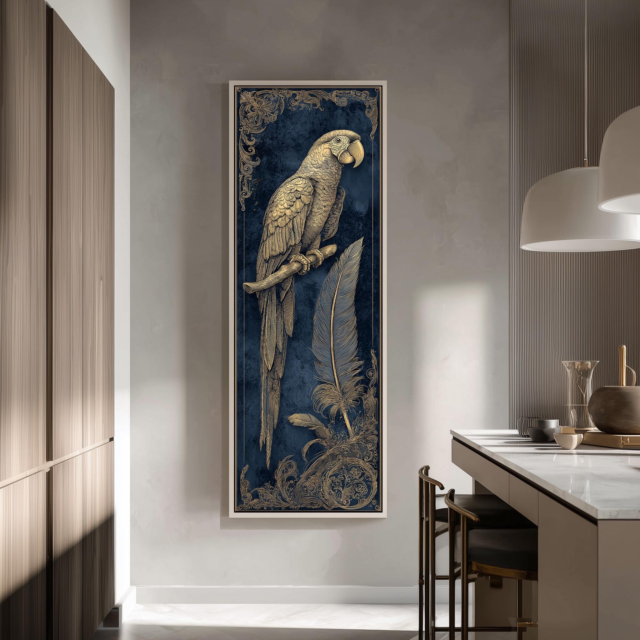a large framed painting of a parrot, with a blue background and gold accents, hanging on a wall in a modern kitchen.