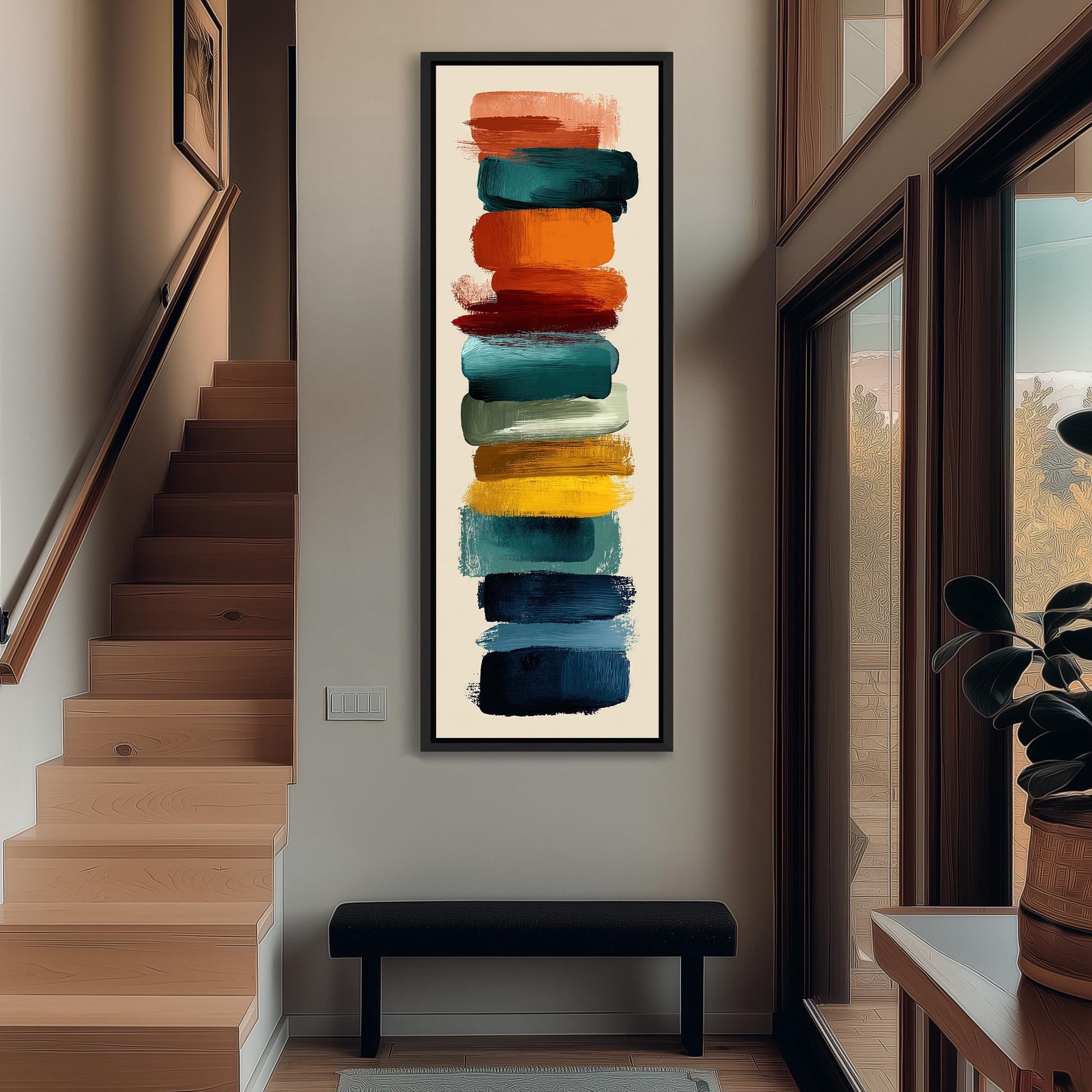 a modern art piece with a vertical arrangement of colorful brushstrokes on a white background, hanging on the wall of a hallway.