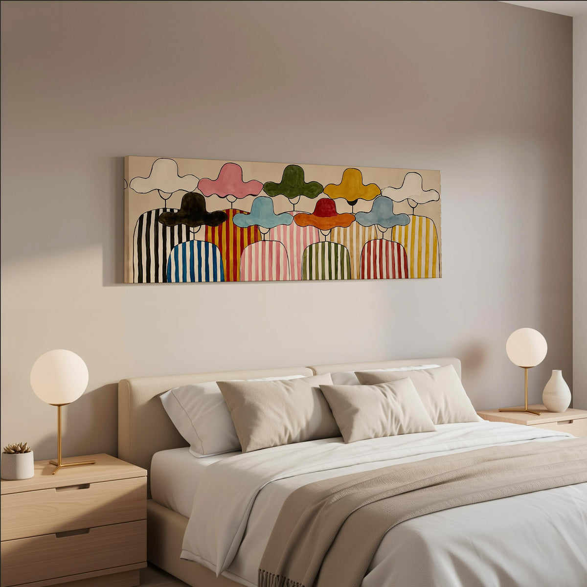 Gathering of figures in straw hats and stripes wide panoramic canvas print above a bed in a neutral bedroom